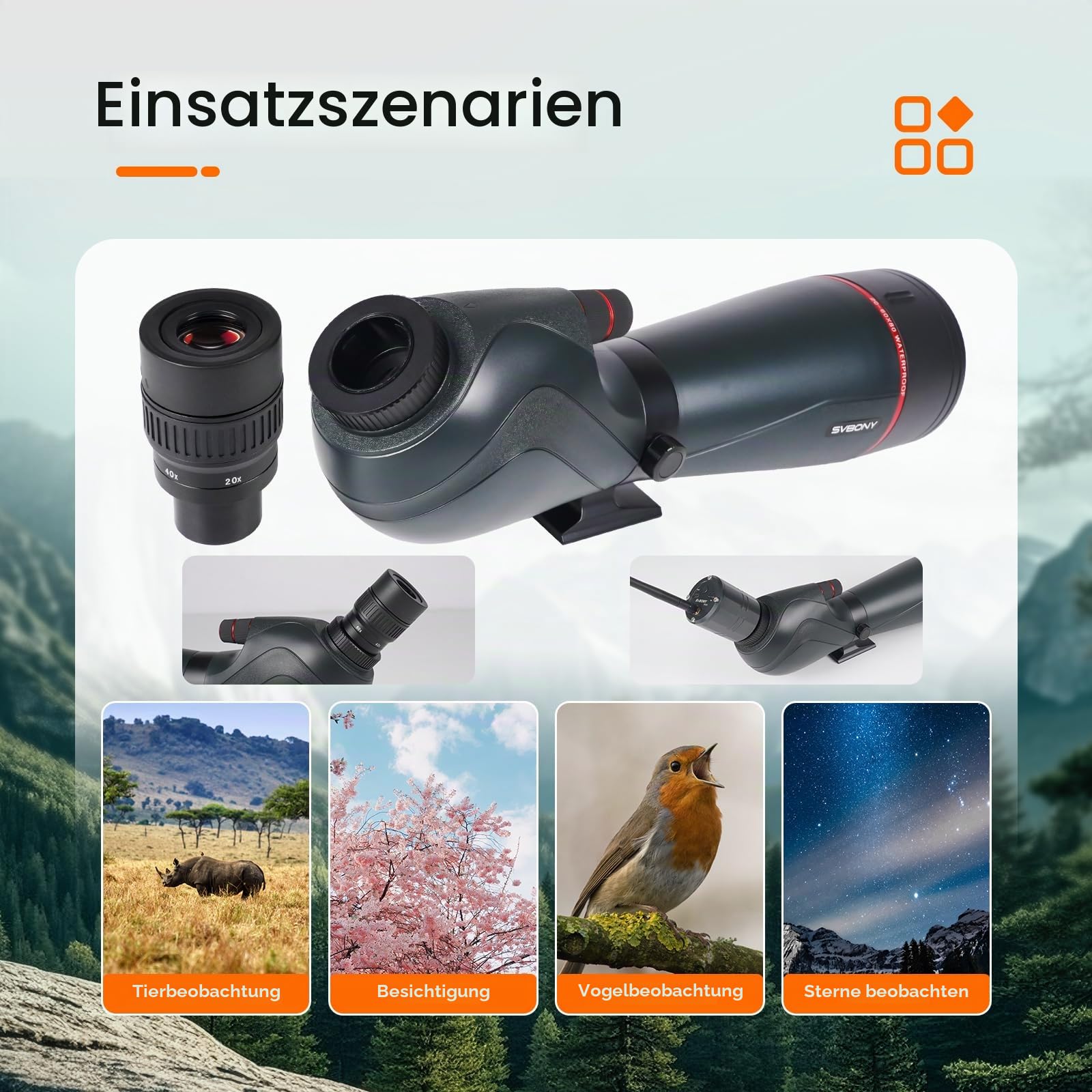 Svbony SV406 20–60x80 mm Spektiv, HD FMC BAK4 Porro Prism für Sportschützen mit Dual Focus, 1.25'' Abnehmbares Okular, IPX7 Wasserdicht mit Stativ Tragetasche für Vogelbeobachtung Wildtiere Scenery