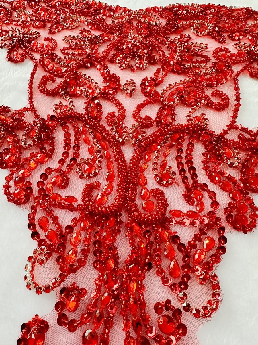 Pure Hand Sewing Beads Appliques sew on Rhinestones Sequins Crystals Trim Patches for Wedding Dresses DIY Accessories 18X19in (Red)