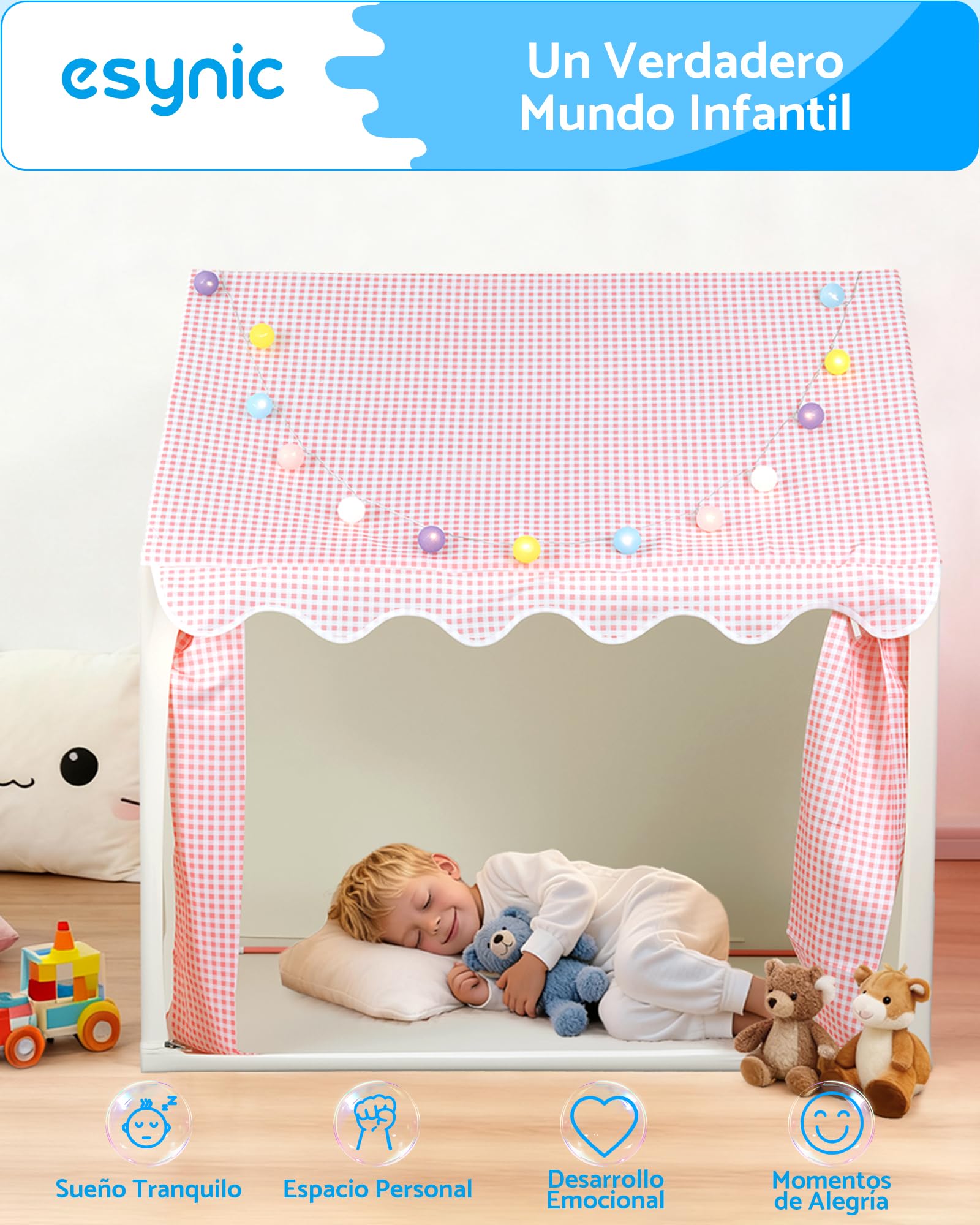 eSynic Tienda de Campaña para Niños Casa de Juegos Infantil con Luces LED Playhouse Montaje Fácil Estructura Metálica Casita Infantil Plegable Interior Exterior para Dormitorio Jardín — view 2