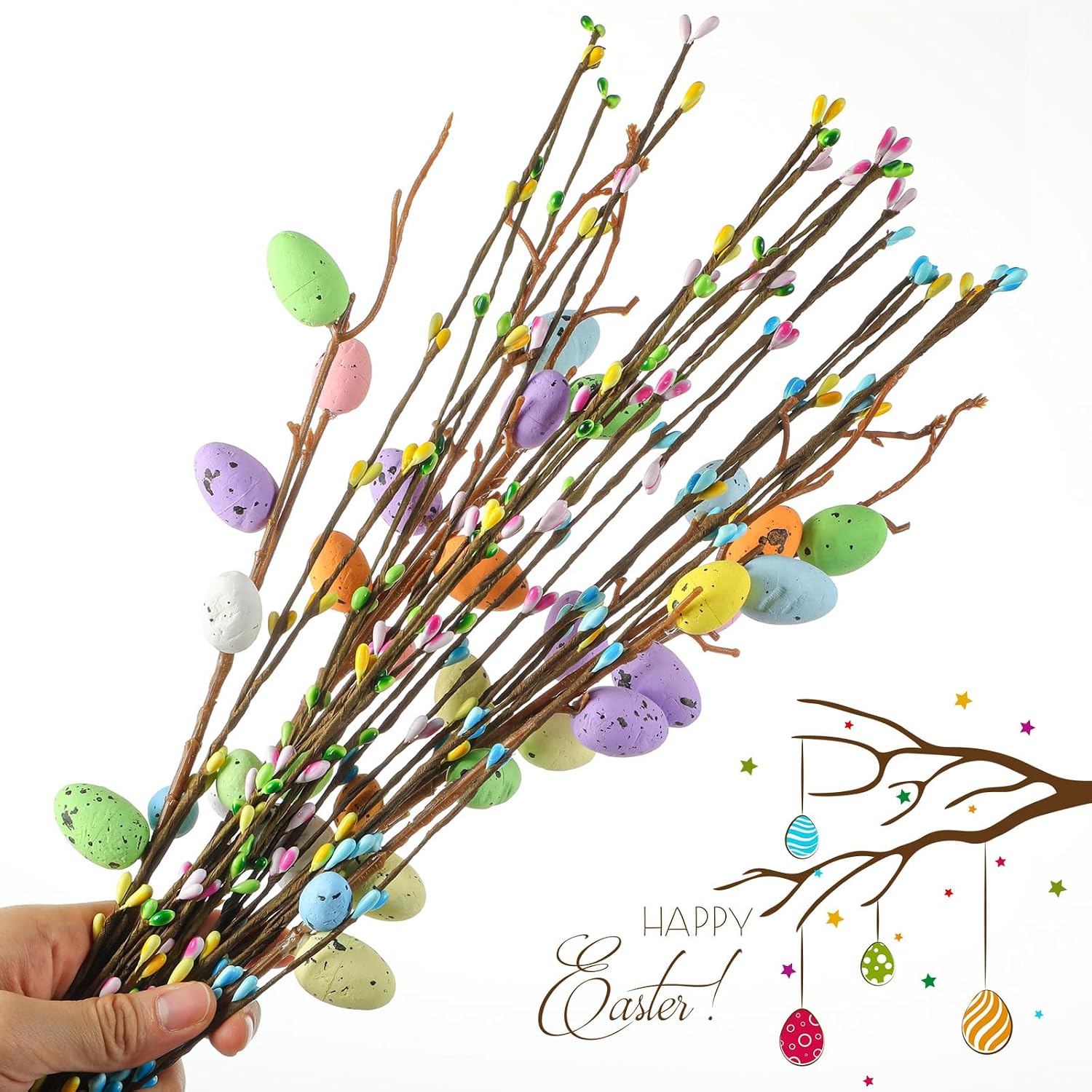 72 Pcs Artificial Easter Spray Vine with Pastel Eggs and Berries Floral Stems Decorations Easter Egg Twig Branches Picks for Floral Arrangement Centerpieces Craft Wreath Making Home Decor