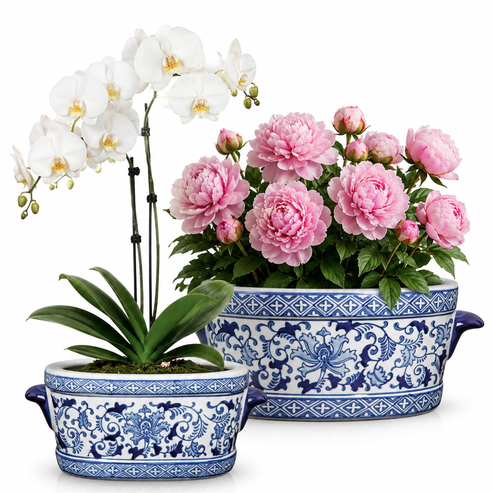 Briful Set of 2 Blue and White Ceramic Pots - Vintage Planter Floral Oval Cachepot Vase for Indoor Plants & Flowers - Glazed Chinese Porcelain Style Decorative Bowl - 7.4" & 10.6" Size - No Drainage