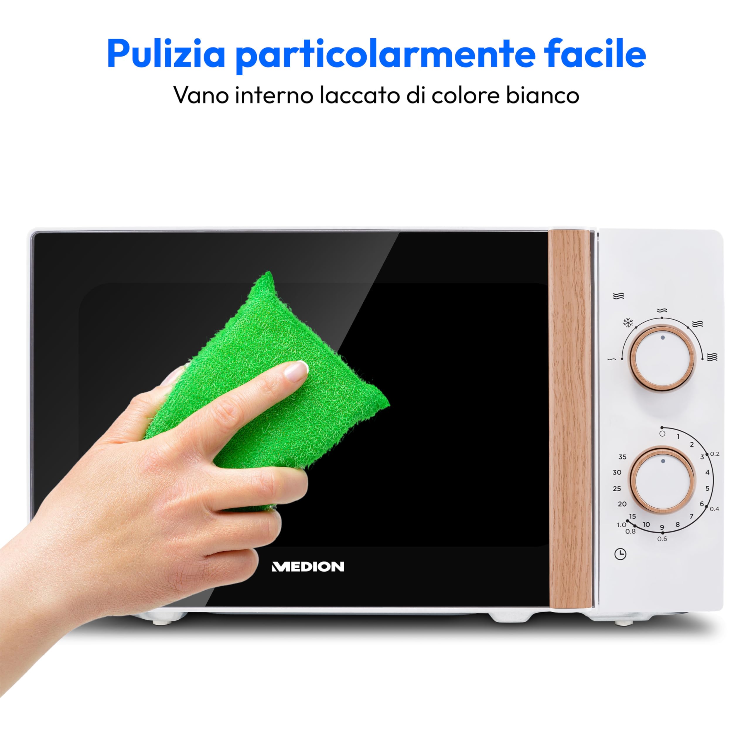 MEDION Microonde (effetto legno, 20 litri, 700 watt, porta a specchio, 5 livelli di potenza, funzione scongelamento, timer, MD10596) bianco