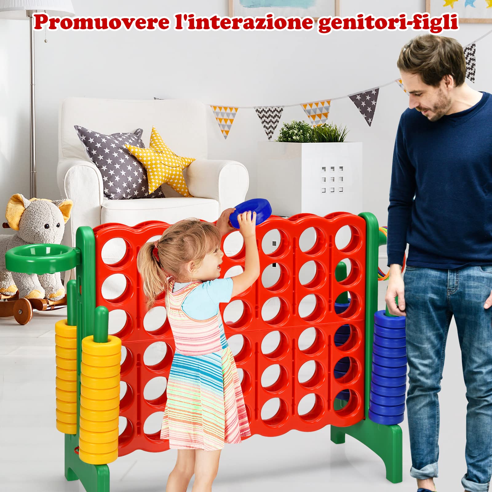 GYMAX Gioco Forza 4 Gigante 3 in 1, Anelli di Lancio, Canestro e Pallacanestro, per Bambini e Adulti, 84 x 33 x 74 cm (Verde)
