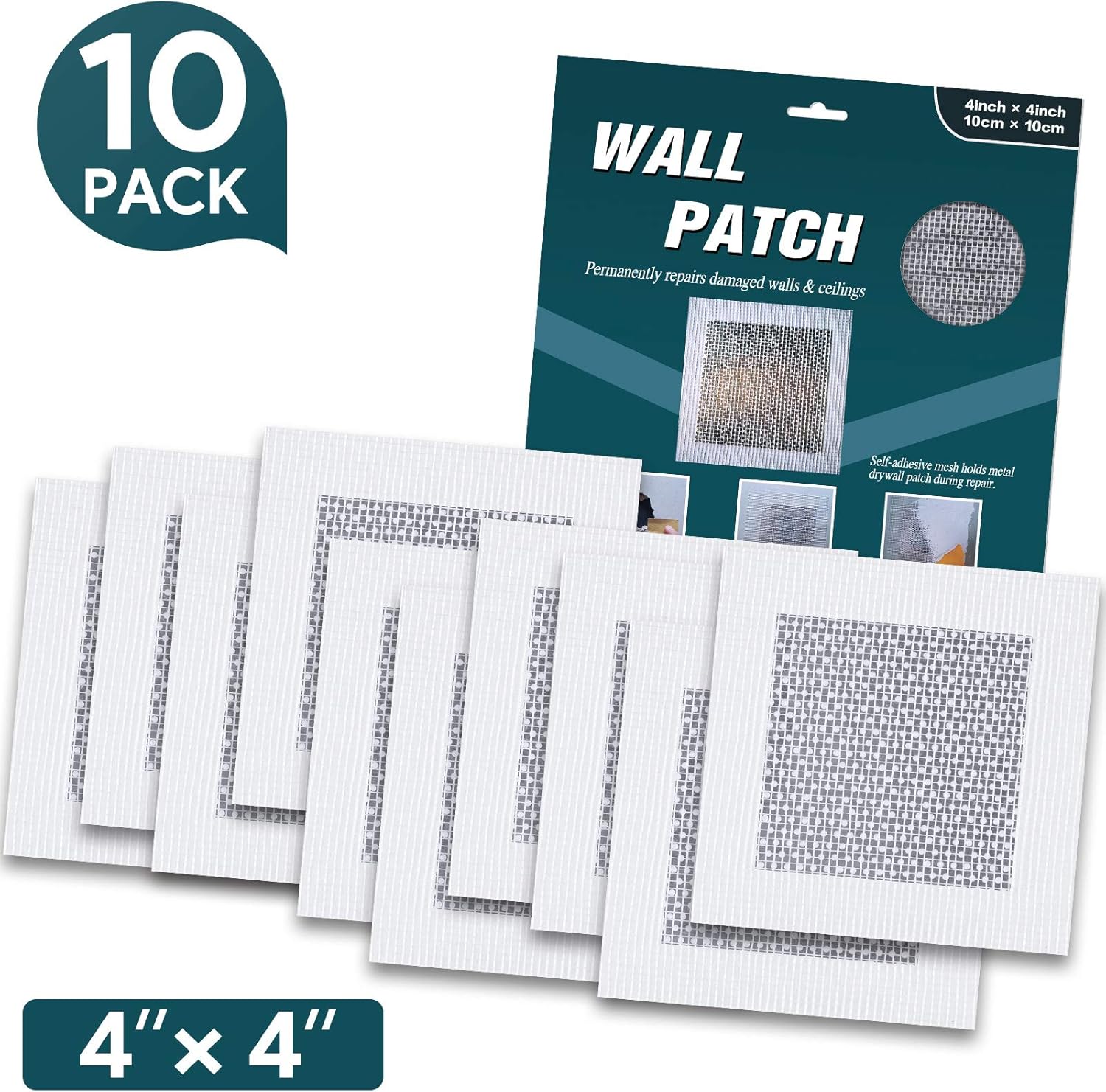 Drywall Repair Patch - 10 Pack Self Adhesive Drywall Repair Kit - Quick Solution to Fill The Holes in Your Walls - 4"x4"Heavy Duty Dry Wall Hole Repair Patch (4"x4") - - 