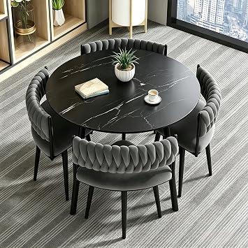 Dining Table and Chairs Set 4 Faux Marble Table Top with 4 Padded Velvet Chairs Kitchen Table Set for Home for Dining Room at Home and Cafe 90 cm Round