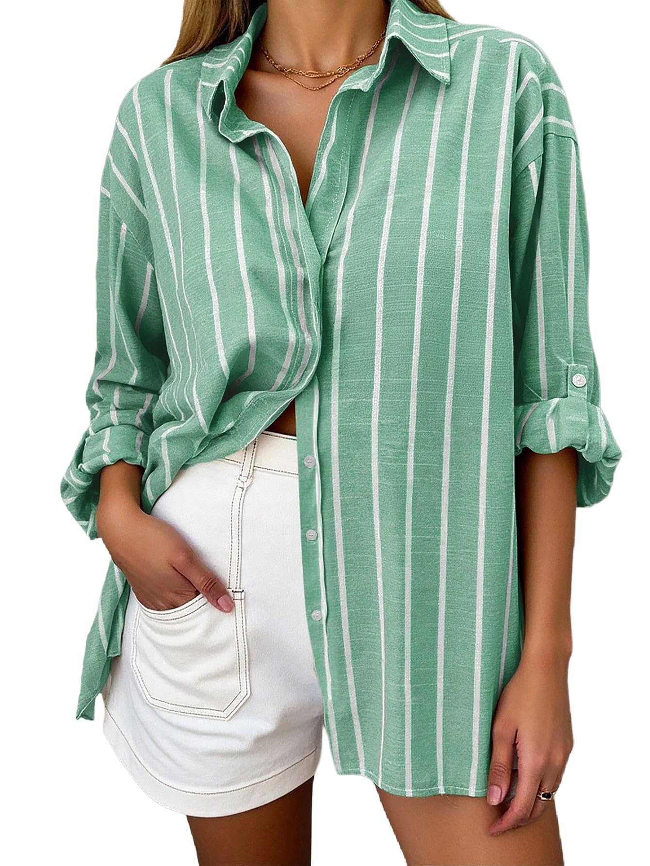 aahwan Blue Solid Button Up Drop Shoulder Striped Print Long Sleeve Shirt for Women's & Girl's-picture-10
