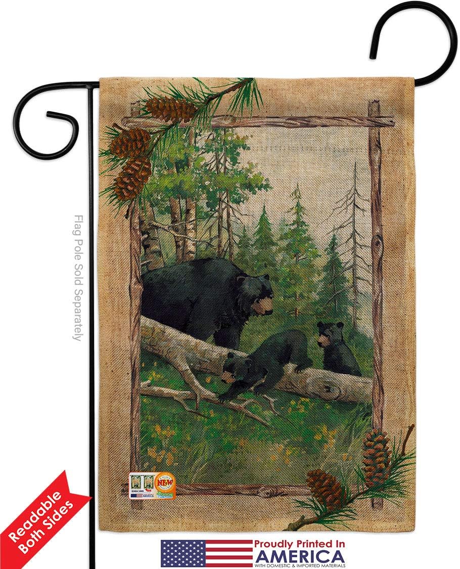 Black Bear Cubs Burlap Garden Flag Set Wall Holder Animals Wildlife Outdoor Deer Wolf Pet Nature Farm Animal Creature Small Decorative Gift Yard House Banner Double-Sided Made In USA 13 X 18.5