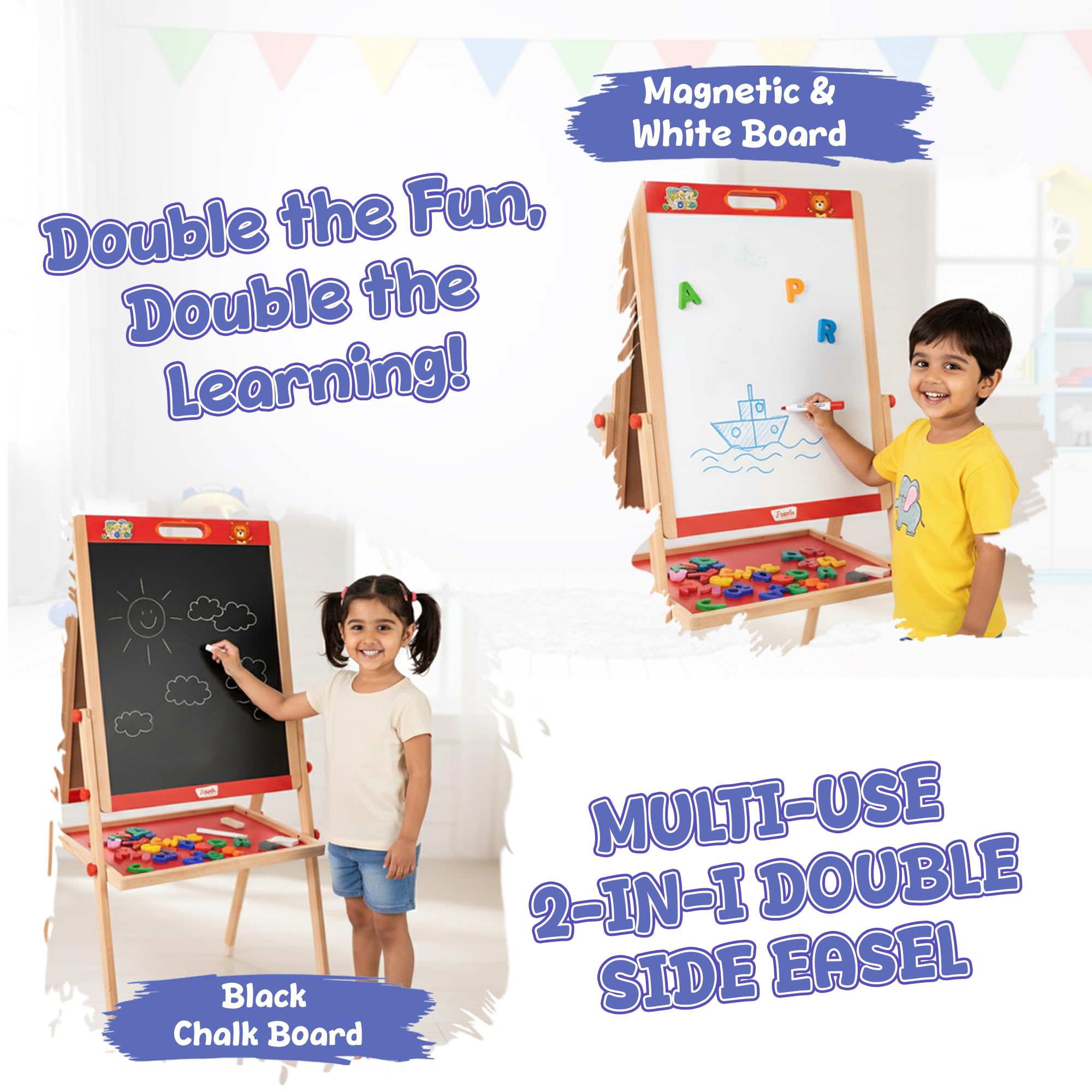 WUDLY® 3-in-1 Wooden Easel Board for Kids – Double-Sided Chalkboard & Whiteboard with Magnetic Letters, Marker, Duster & Chalk, Learning Drawing & Writing Board for Children 2