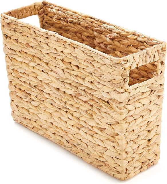 Americanflat Hand-Woven Water Hyacinth Magazine Basket with Handles - Versatile Home or Office Storage, 15 L x 5 W x 10 H inches