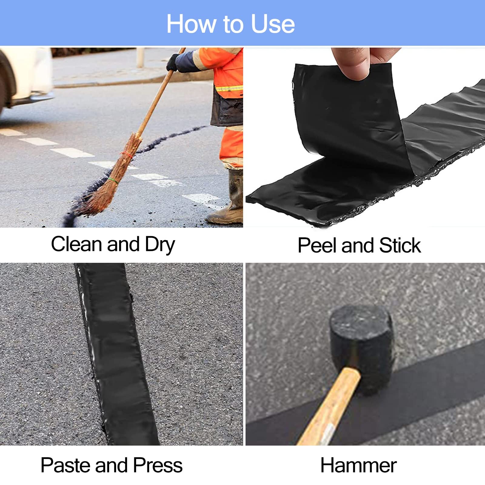 Tela asfaltica autoadhesiva cinta impermeable Negro Calzada Cinta Reparadora De Grietas En El Asfalto, Parche De Asfalto Autoadhesivo Impermeable Para Escuela, Patio Y Camino De Cemento (Color : WxL