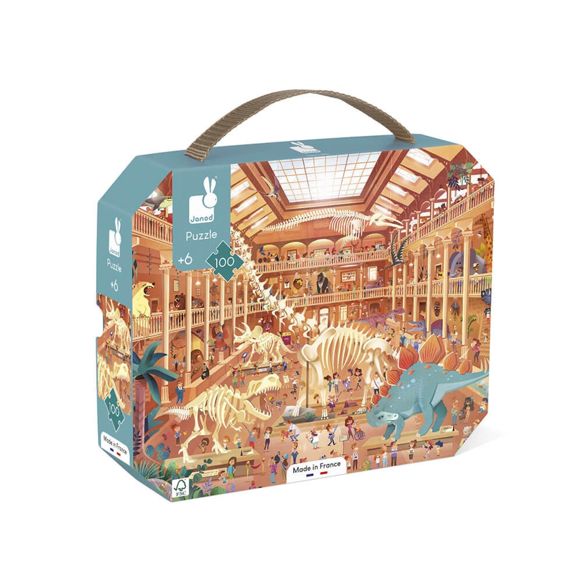 Janod - 6 Years+ -100-Piece ‘Museum of Natural History’ Children’s Puzzle - Educational Motor Skills and Concentration Game - Suitcase Box w/ Handle - Made in France & FSC-Certified - J02606