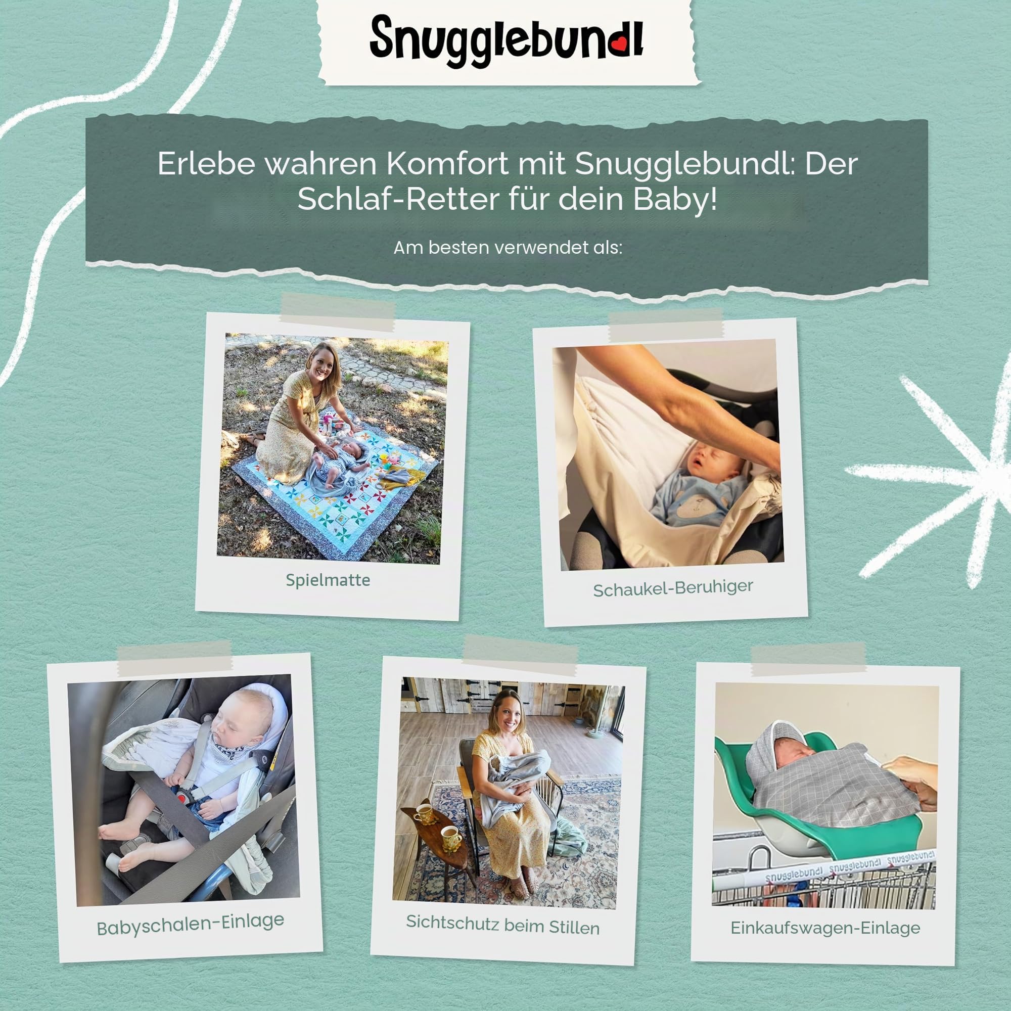 Snugglebundl Baby Bumble Babytragehilfe mit Griffen Einfach heben & legen-auch im Schlaf! 100% Bio-Baumwolle Babywiegedecke für Eltern & Hebammen Babyautositz-Decke