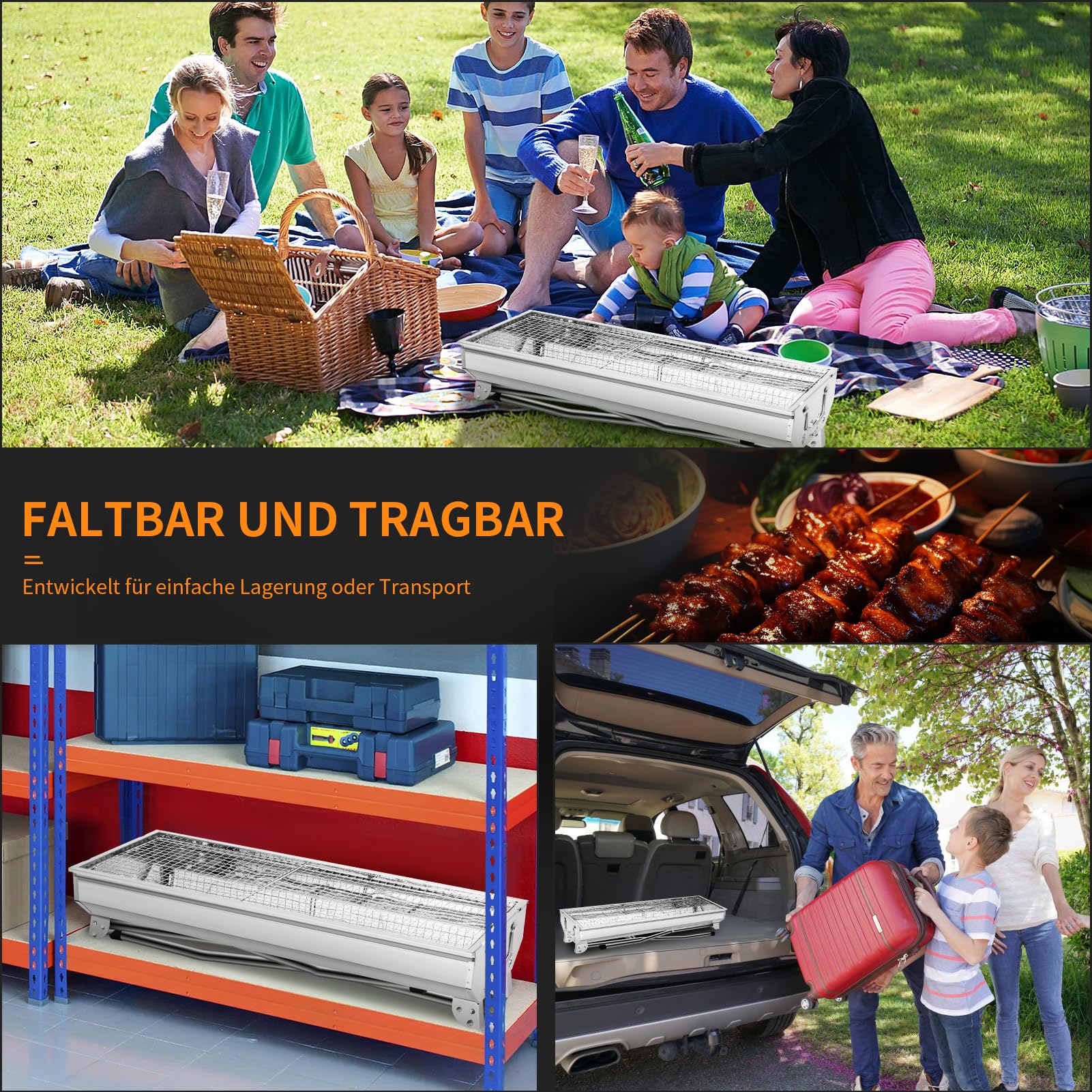 Barbacoa de carbón vegetal XXL, parrilla de carbón portátil, barbacoa plegable de acero inoxidable, barbacoa de carbón para exteriores, parrilla de pie, parrilla plegable (73 x 28 x 76 cm)