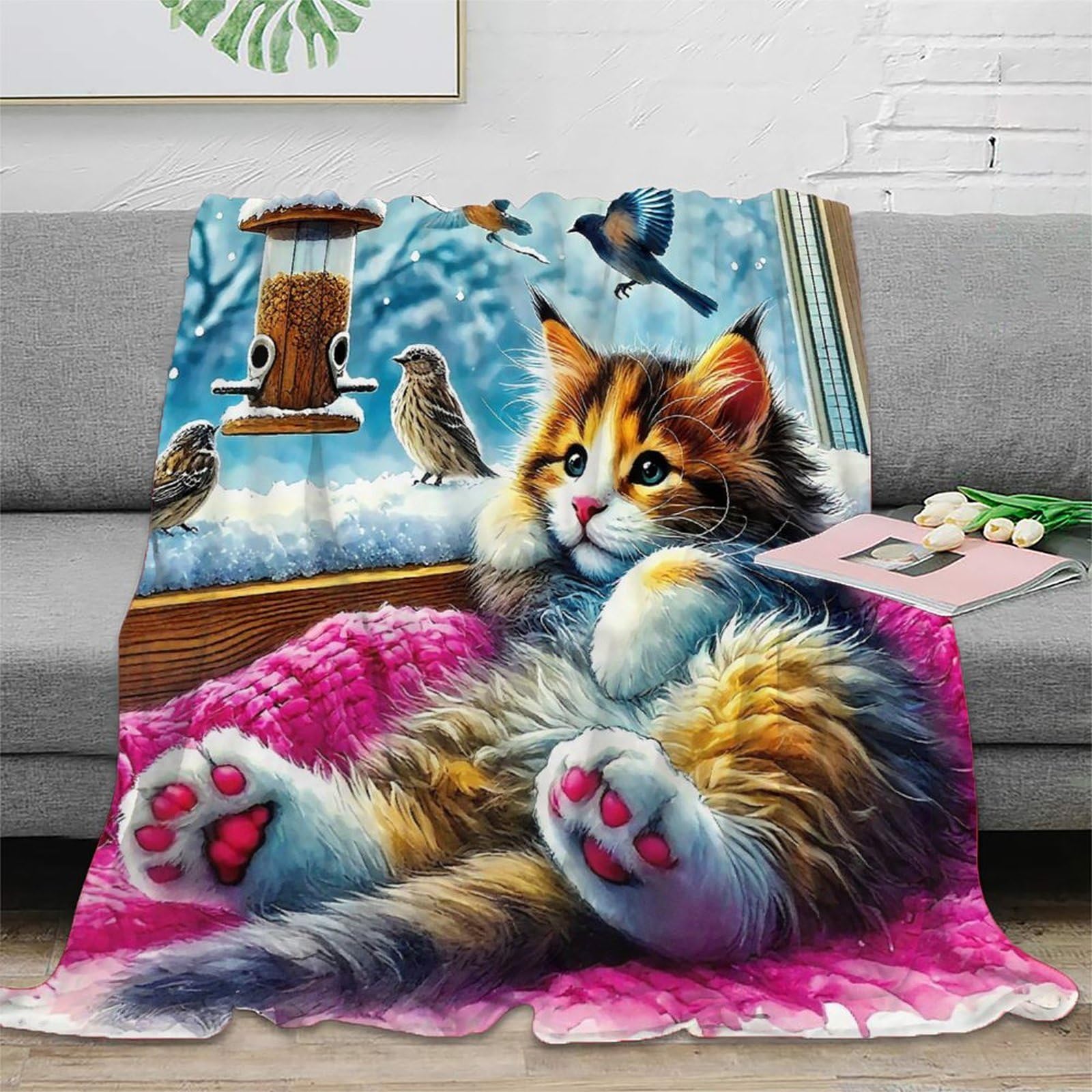 Plaid chat mignon imprimé 3D en peluche microfibre douce pour canapé et lit 127x152 cm