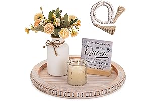 Hanobe Round Wooden Beaded Tray for Coffee Table with Decorative Balls Garland