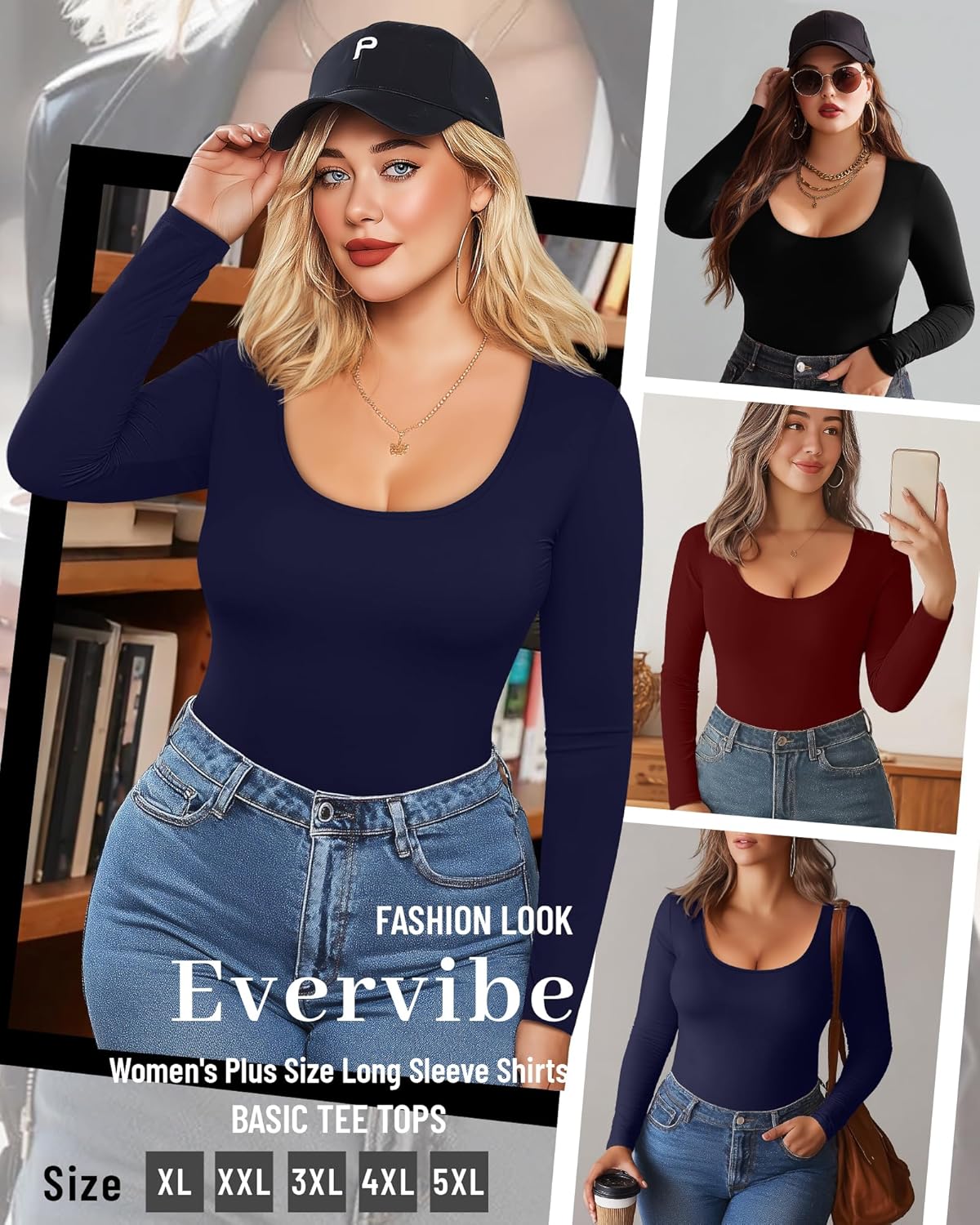 3 Pack Women's Plus Size Long Sleeve Shirts Scoop Neck Slim Fitted Top Casual Stretchy Base Layer Undershirts - Image 3