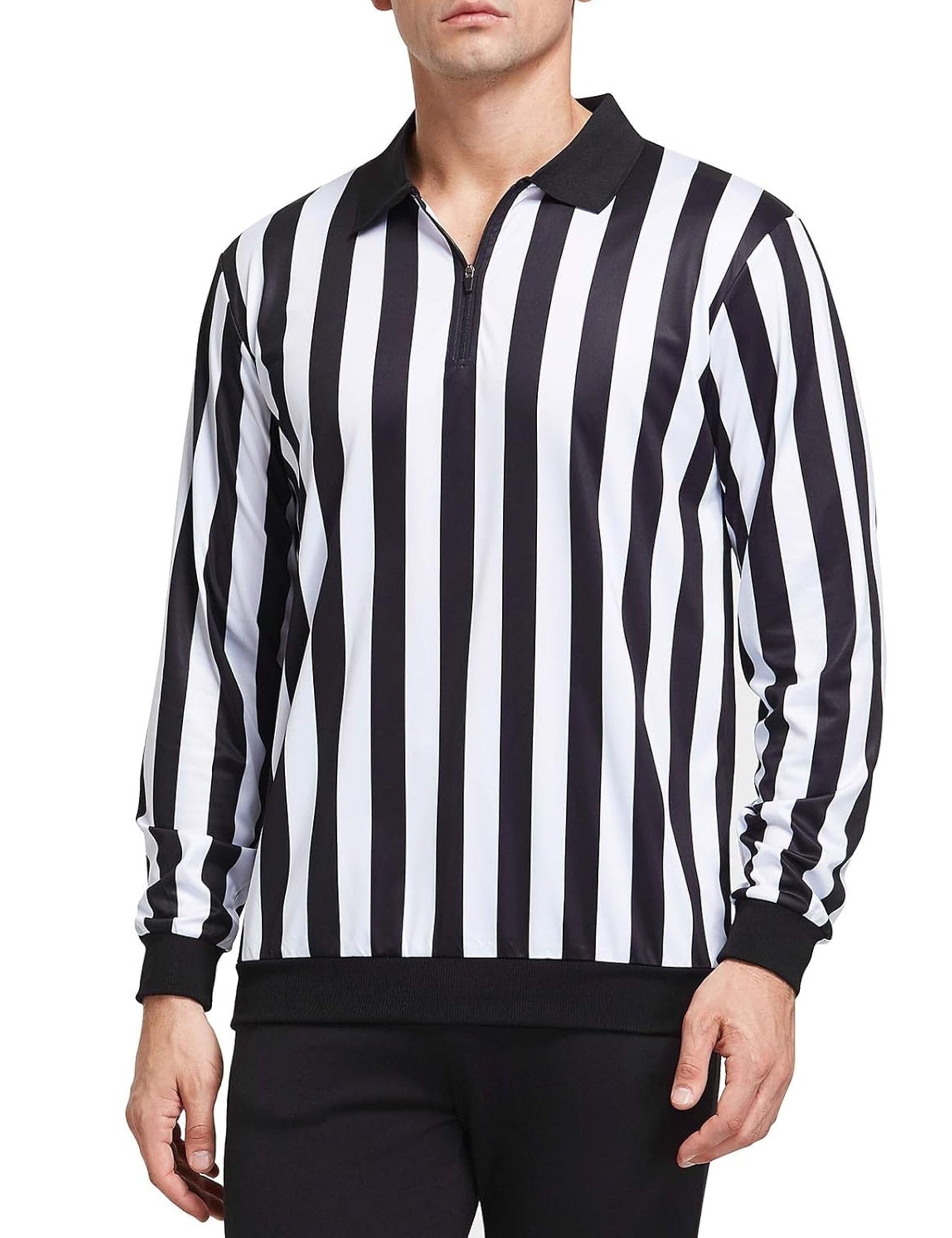 FitsT4 SportsMen's Official Long Sleeve Black & White Stripe Referee Shirt, Ref Umpire Jersey, Pro Ref Uniform for Soccer, Basketball & Football Medium Black/White Stripe-Zipper Neck