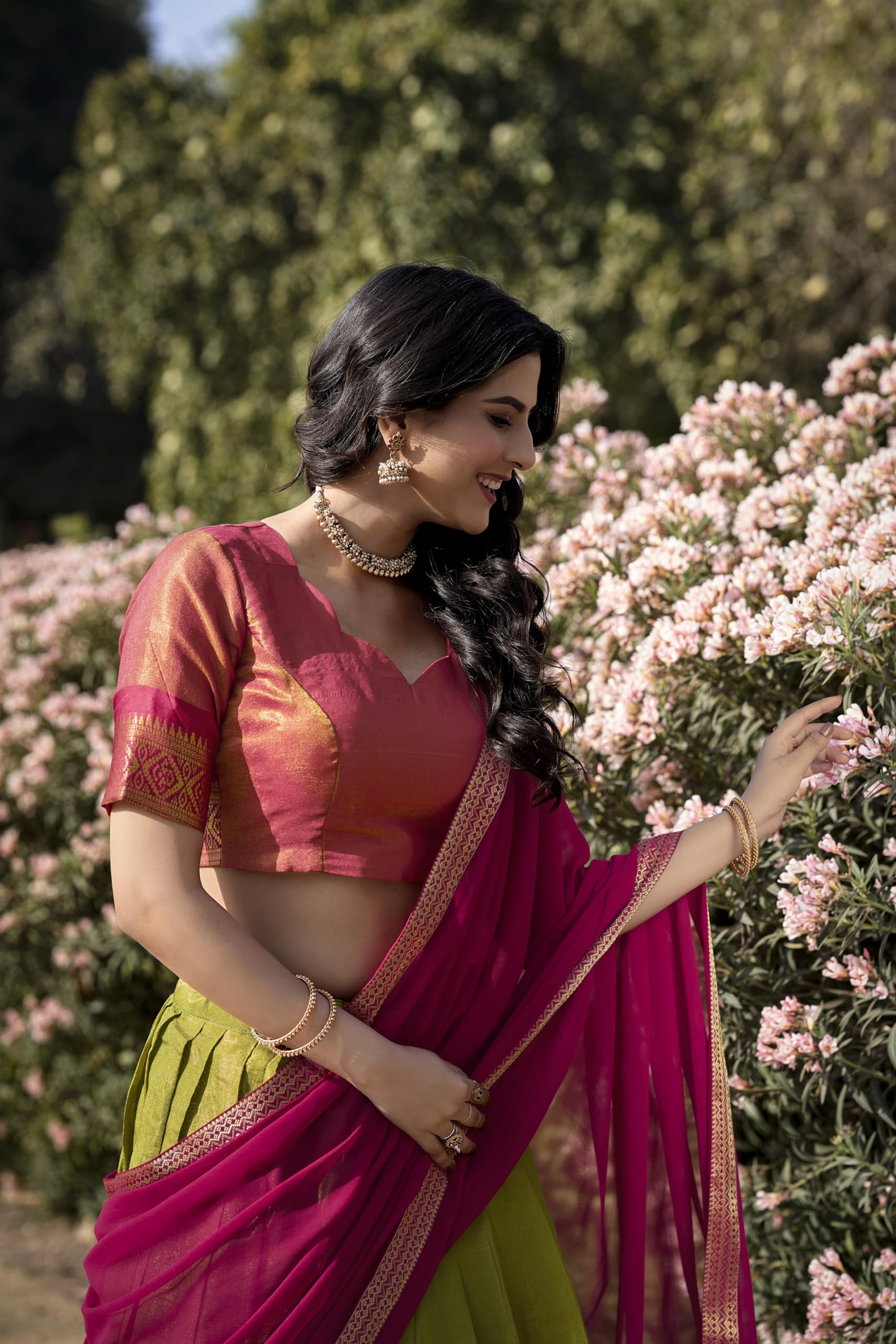 LooknBook Art Kanchipuram Women's Lehenga Choli (LNB2001_Pista_Free Size) - Image 3 thumbnail