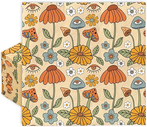 AnyDesign 80 servilletas de papel florales bohemias, desechables, hongos, flores, ojos, almuerzo, retro, hippie, postre, cena, servilletas de mano