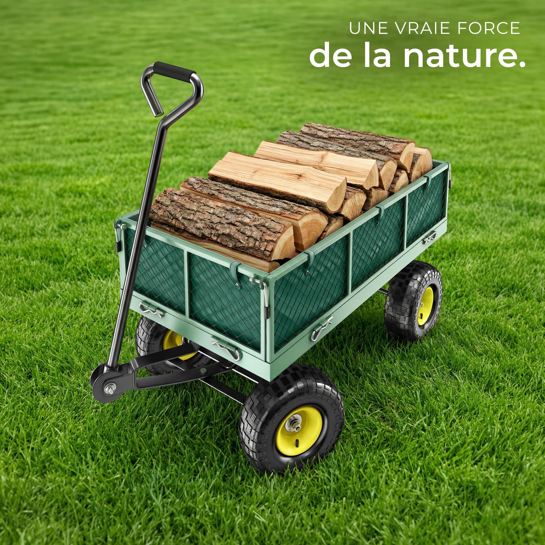 tectake® Chariot de Transport Chariot à roulettes de Jardin Remorque à Main Charrette à Bras Capacité 350kg avec Parois latéraux rabattables et Bâche pour Bois de chauffage Courses Plage Pêche Camping