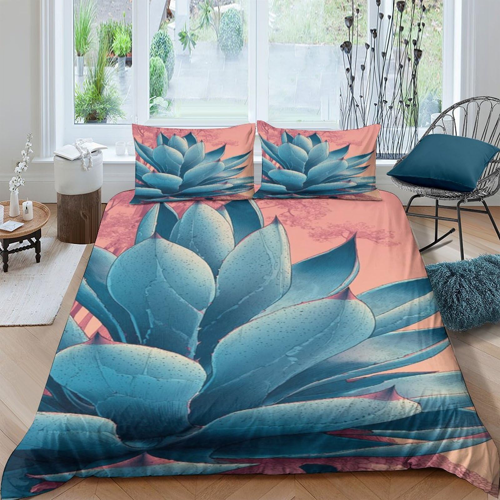 Ctjqhvkz Style-6 3D Printed Blue Succulent Fitted Sheet Microfiber Soft Dustproof Coral Plant Bed Cover For Bedroom Guest Dorm Mattress Protection Single（135X200cm）