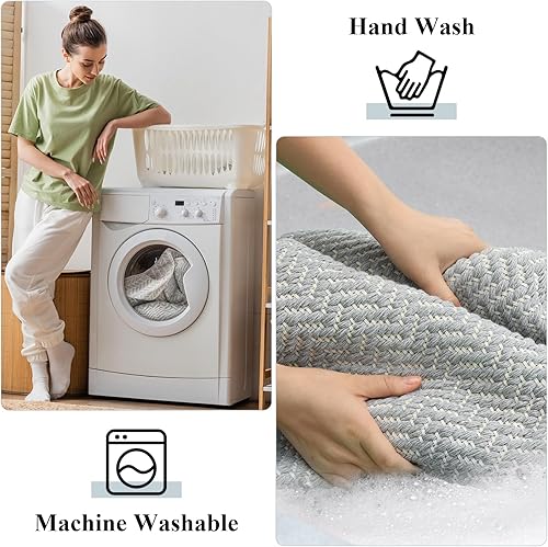 Miniatura 4 de Lanffia Alfombra de baño bohemia, alfombra pequeña de 2 x 3 pulgadas, color gris, lavable, alfombra de cocina tejida de algodón con borlas, alfombra
