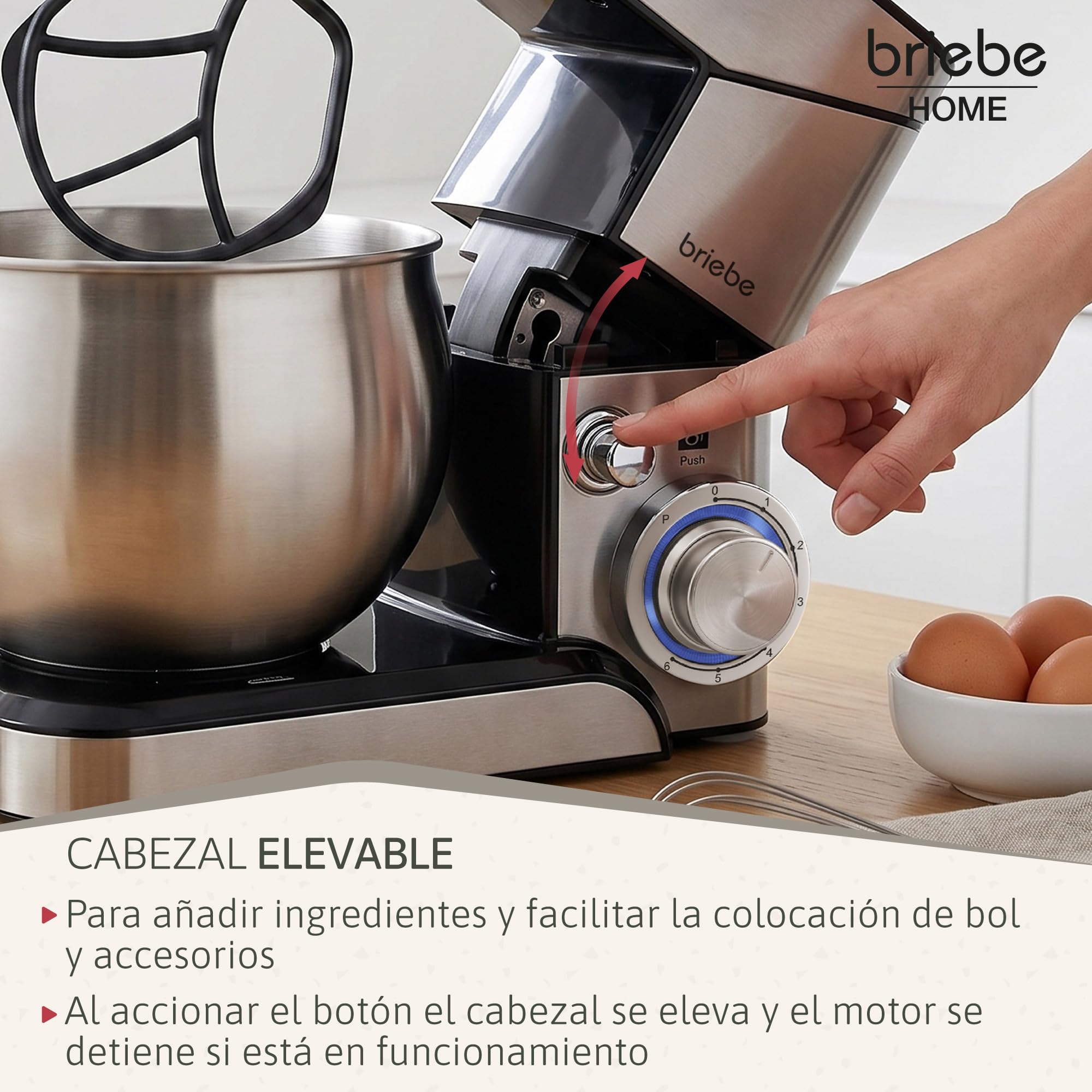 briebe Batidora Amasadora Repostería 1800W MAX, Robot Cocina Profesional, Movimiento Orbital, Varillas, Gancho Masa, Pala Mezcladora, 5 L, 6 Velocidades + Función Pulso, Inox KM1114