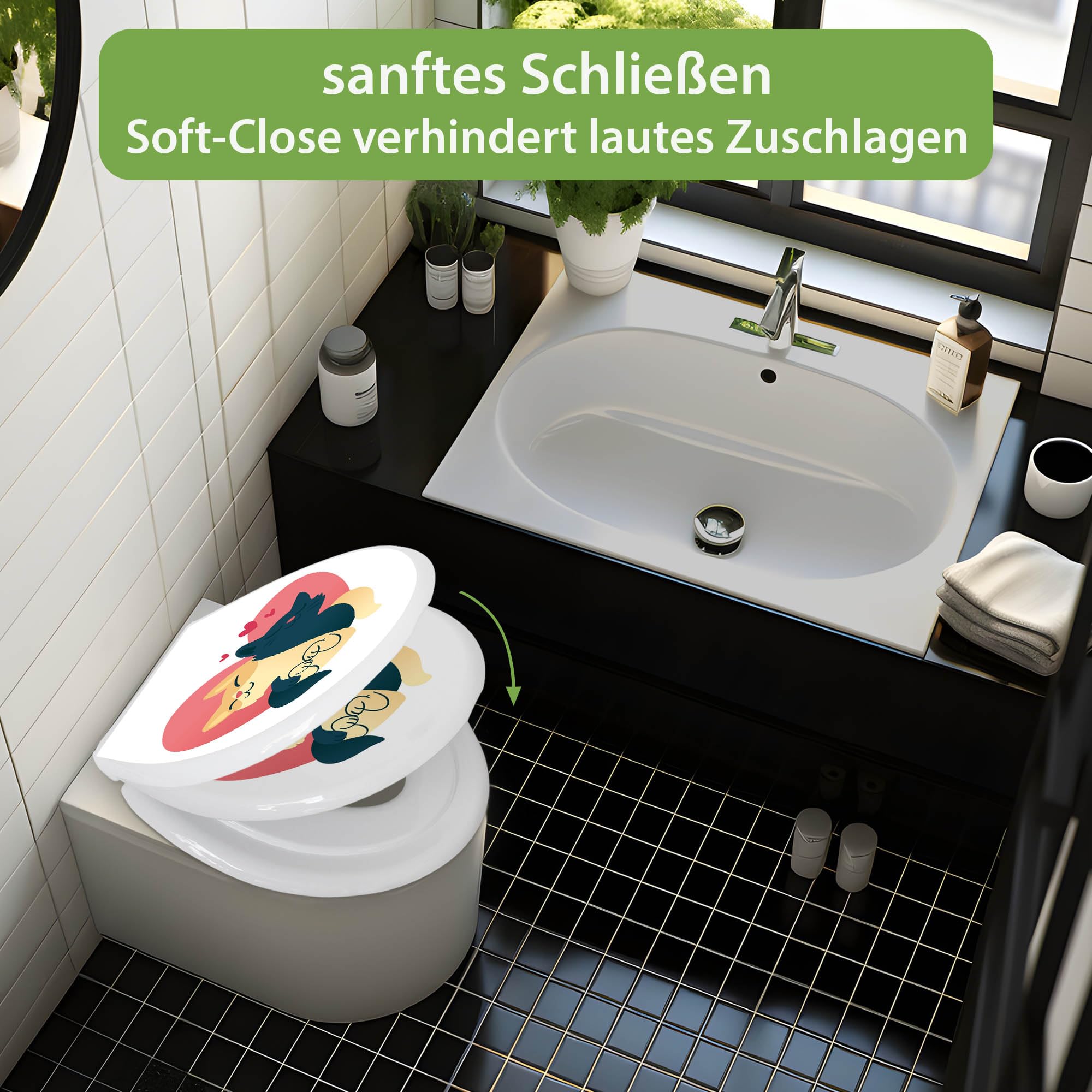 banjado Familien WC Sitz mit Absenkautomatik 44,9x37,1cm - Klobrille mit Kindersitz aus hochwertigem Polypropylen - Toilettendeckel mit Kinder Toilettensitz integriert - Motiv Verliebte Katzen 1