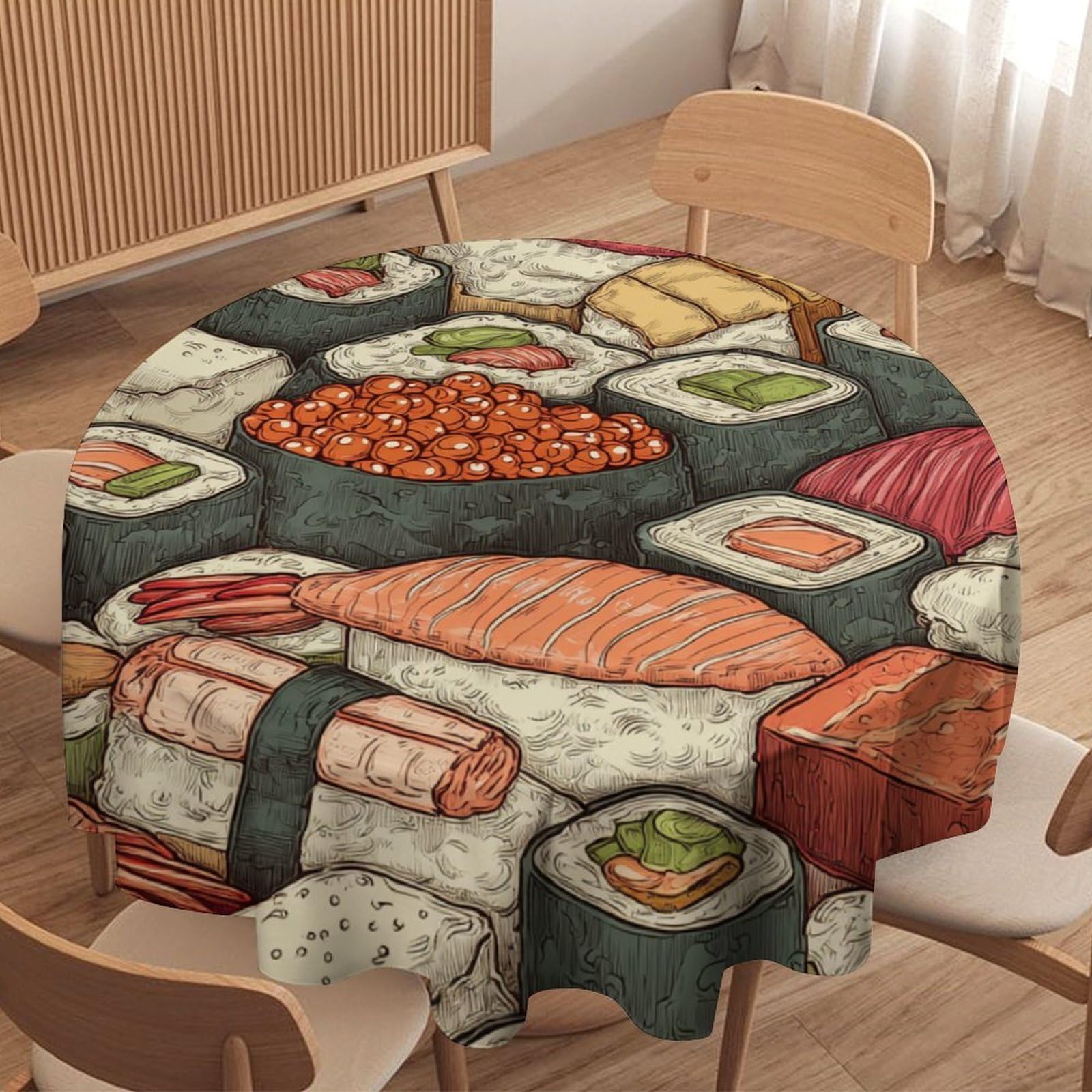 LUYYSKY Rustic Cartoon Sushi Waterproof Round Tablecloth Classic Oil Painting Japanese Food Sushi Pattern Washable Table Cover for Kitchen-91.4" Wx91.4 L cm