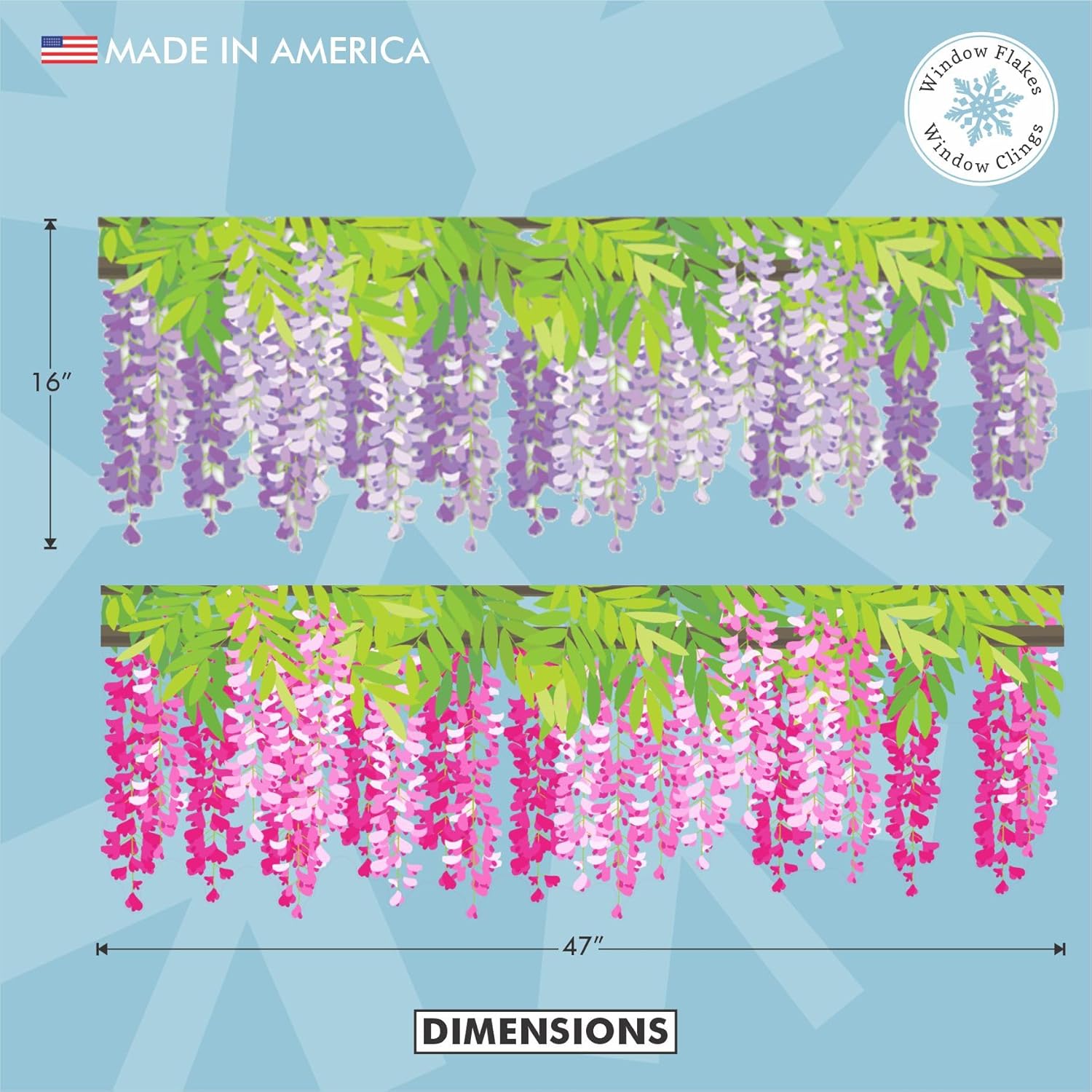 Pink Wisteria Hanging Vine Window Clings - Double-Sided Static Cling Floral Decals for Glass Doors & Windows - Reusable Spring Home Decor & Bird Strike Prevention. Made in USA.