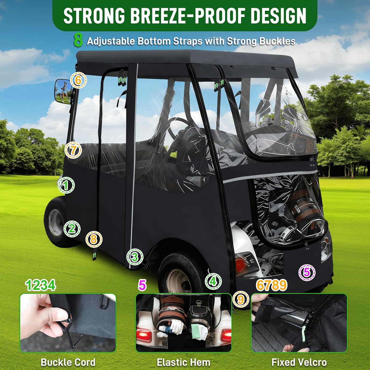 Golf Cart Deluxe Driving Enclosure 2 Passengers Fits EZGO TXT & RXV Golf Cart, Fits Short Roof 40.94" W and 59.05" L, Clear Window with Door Zippers 600D Heavy Duty Drivable Rain Covers