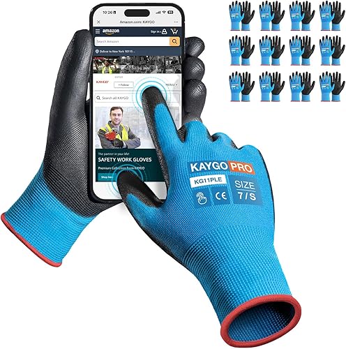 KAYGO KG11P - Guantes de seguridad con revestimiento de poliuretano, tejido sin costuras, agarre suave en palma y dedos, para trabajo general,
