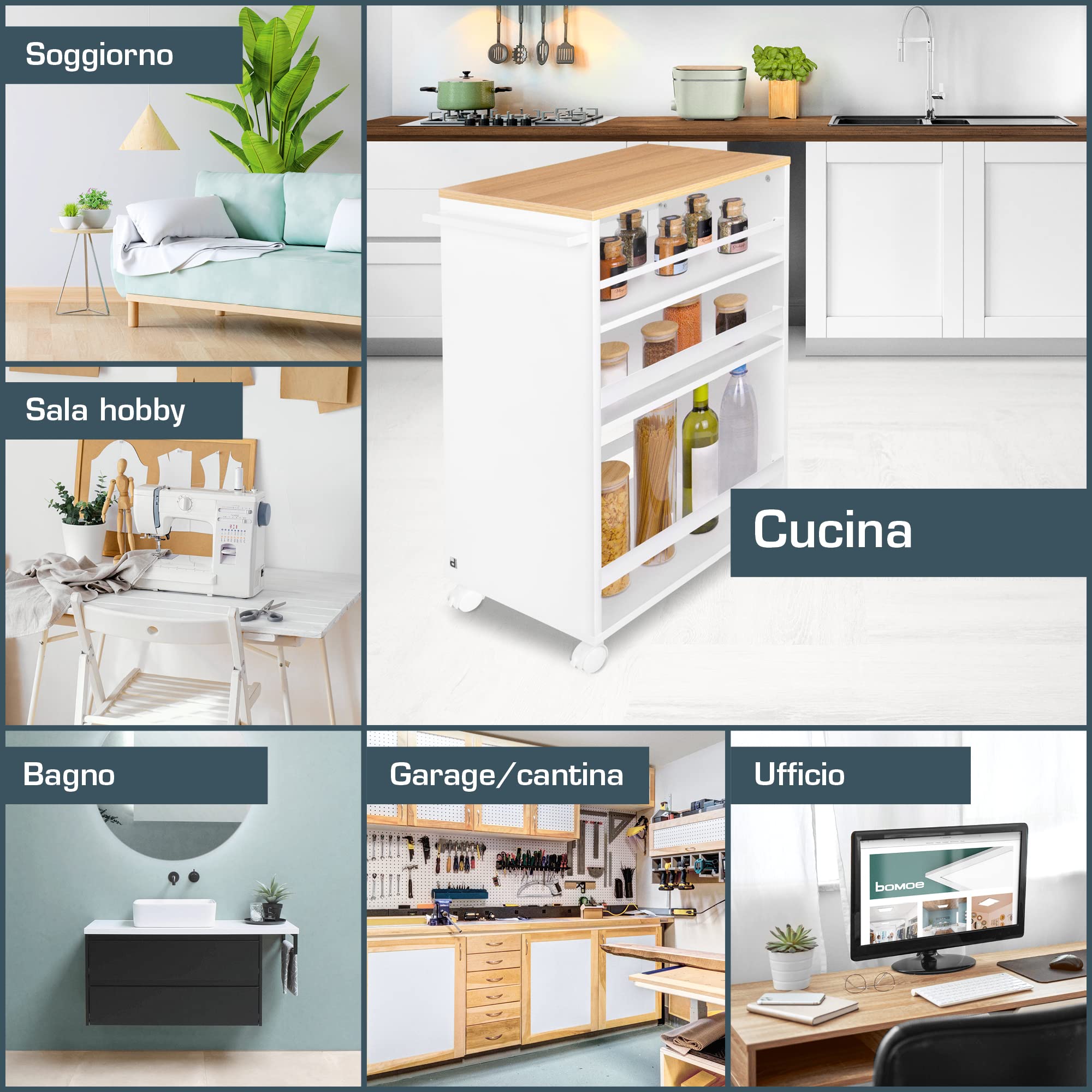 bomoe Carrello da Cucina Su Rotelle Con 3 Livelli Regolabili - Legno FSC® di Alta Qualità Universale per Cucine e Bagno - Bengt Rovere e Bianco