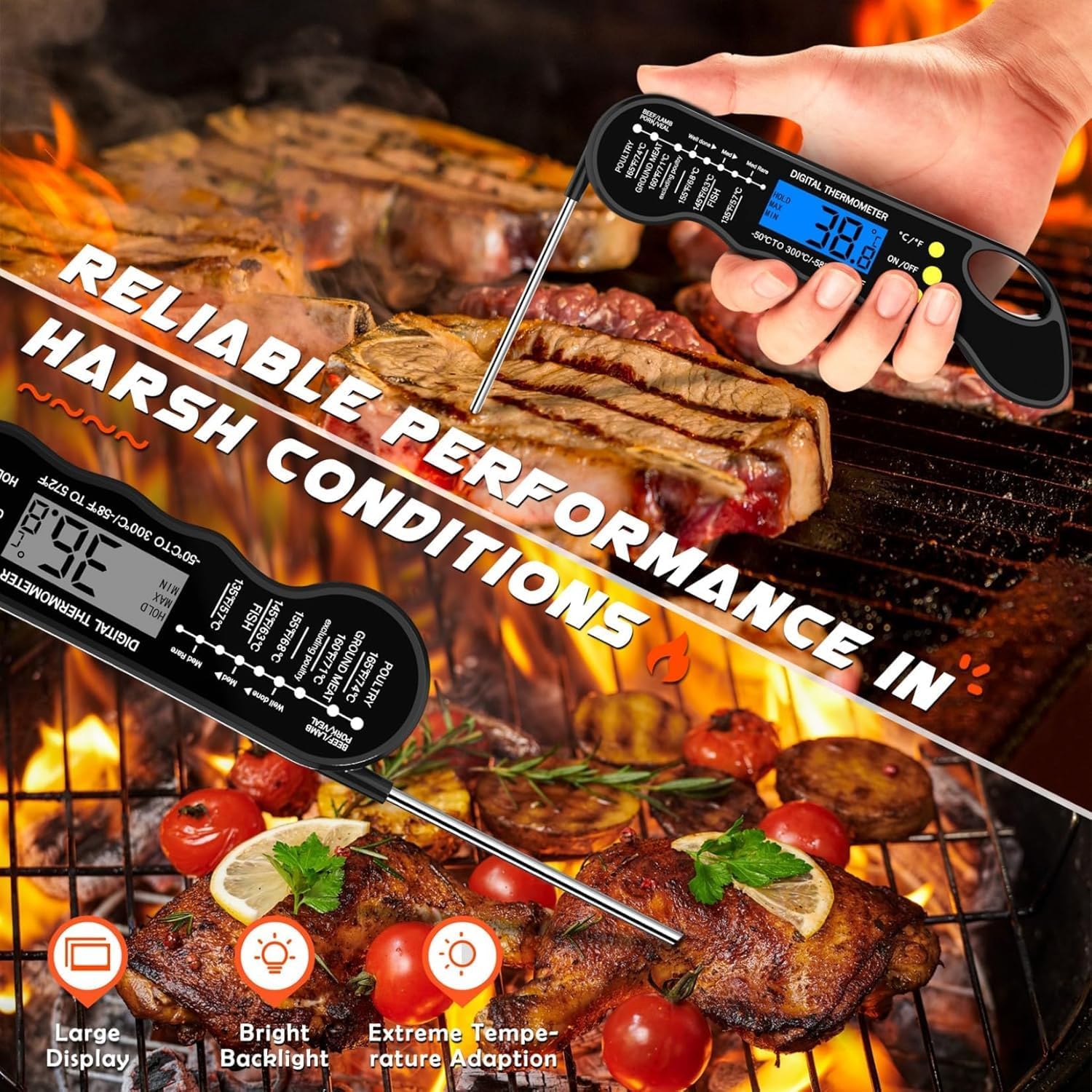 TRAUSI Termometro per carne a lettura istantanea, termometro digitale per alimenti veloce e accurato, con retroilluminazione, impermeabile e magnetico, per grigliare, cucinare, barbecue, affumicare