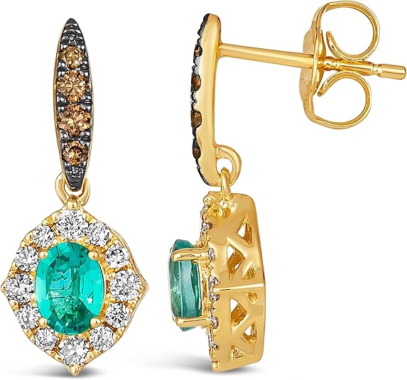 LE VIAN 1/3 Carat Diamond and 1/2 Carat Green Emerald Oval Halo Dangle Drop Earrings for Women in 14k Yellow Gold (White/Fancy Brown, cttw) Halo Earrings with Push Backs