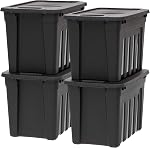 IRIS USA Heavy Duty Storage Bins with Lids, 117.4L (31 Gallon) Large Stackable Garage Storage Totes 4 Pack, Durable Plastic Containers, Black