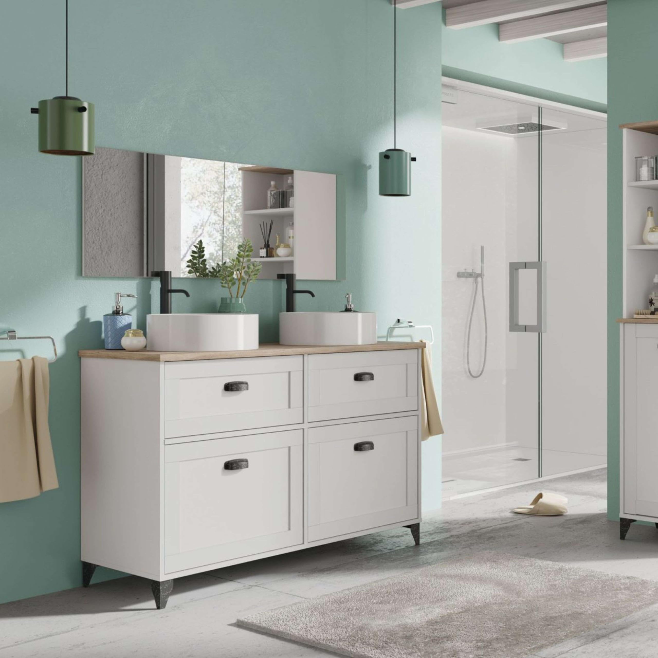 Muebles Pitarch | Mobile da bagno doppio, larghezza 120cm, con piedi, 2 cassetti a chiusura lenta, 2 porte, per lavabi da appoggio, Bianco e Rovere Cambrian, stile Vintage, modello Toscana