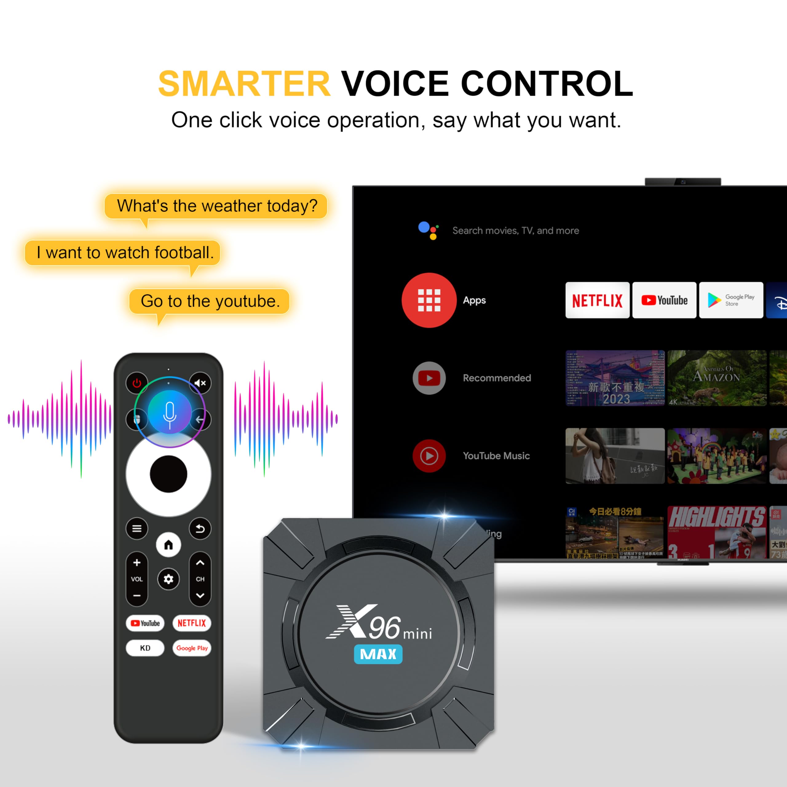 Android 14 TV Box 4K UHD, X96 Mini Max obudowa TV z WiFi 6, 2 GB RAM, 16 GB ROM, czterordzeniowy, Bluetooth, HDR10, asystent głosowy, odtwarzacz multimedialny, ultrapłynne przesyłanie strumieniowe