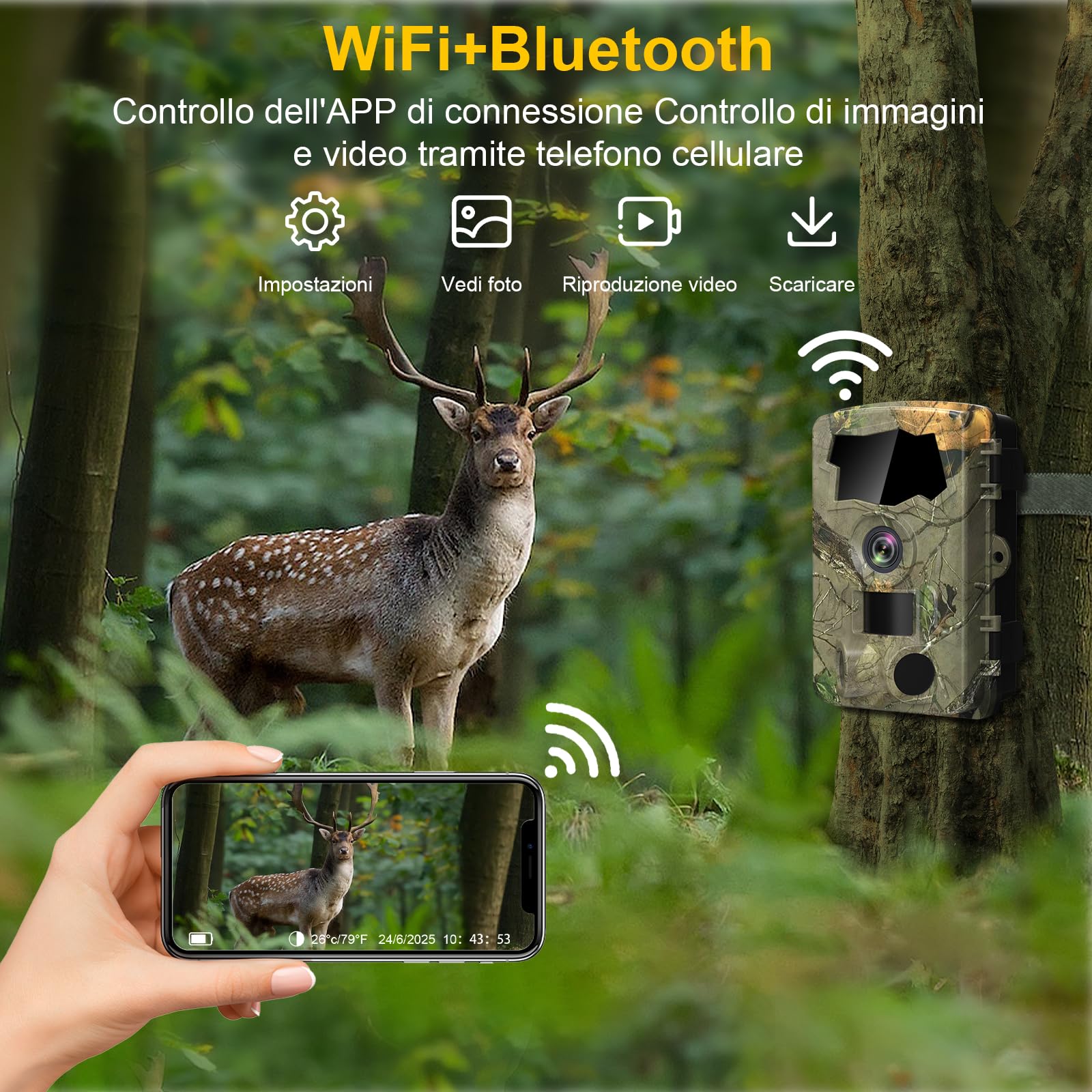 Lutranstra Fototrappola selvaggia da 5 K, Wi-Fi, 64 MP con trasmissione del cellulare, Fototrappola Notturna per animali selvatici a infrarossi con scheda SD 32 G e 8 batterie AA, sensore di movimento