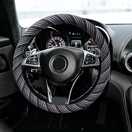 ZATOOTO Steering Wheel Cover for Women - Car Soft Grey Flax Stripe Cool Interior Accessories - Universal 15 inch Breathable Anti Skid Better Grips