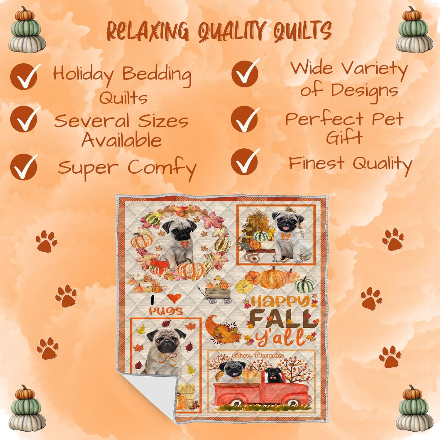 Happy Fall Y'all Pumpkin Pug Dog Quilt Bed Coverlet Bedspread - Pets Comforter with Unique One-Side Animal Printing - Soft Lightweight Washable Polyester Quilt, 70"x80"