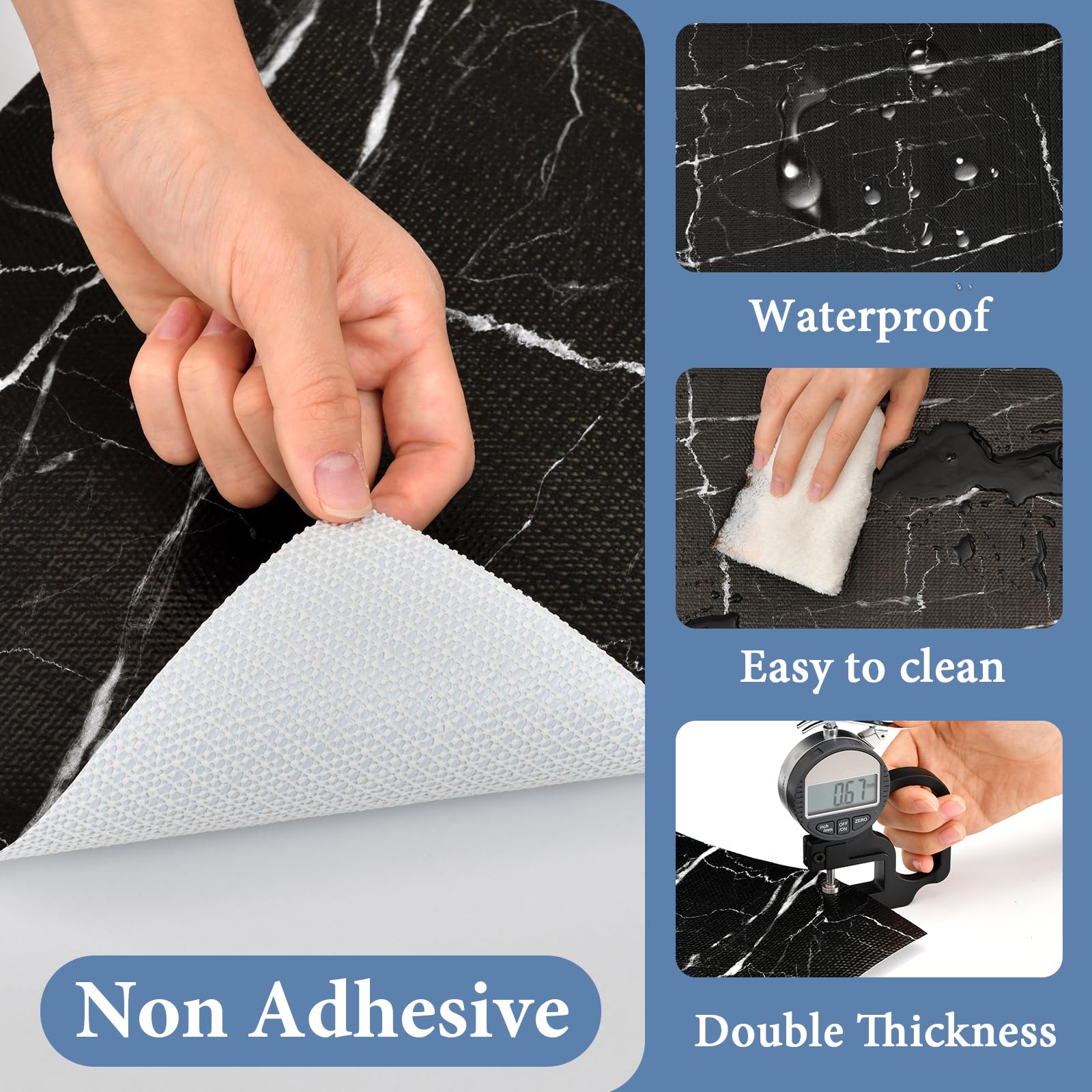 Forro para cajones y estantes para armario de cocina: 12 pulgadas x 20 pies, antideslizante, impermeable, papel no adhesivo, forro de mármol negro, fácil de revestir para baño, con cinta métrica de