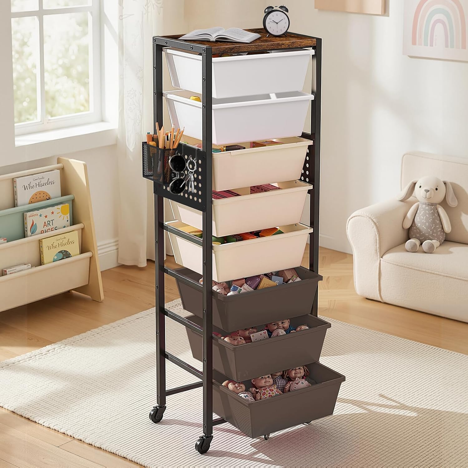 Rolling Cart with Drawers, Rolling Storage Cart with Large Plastic Drawers & Wooden Tabletop, Utility Cart with Pegboards & Basket, Storage Drawers Cart for Living Room, Classroom, Bedroom, Office image 3