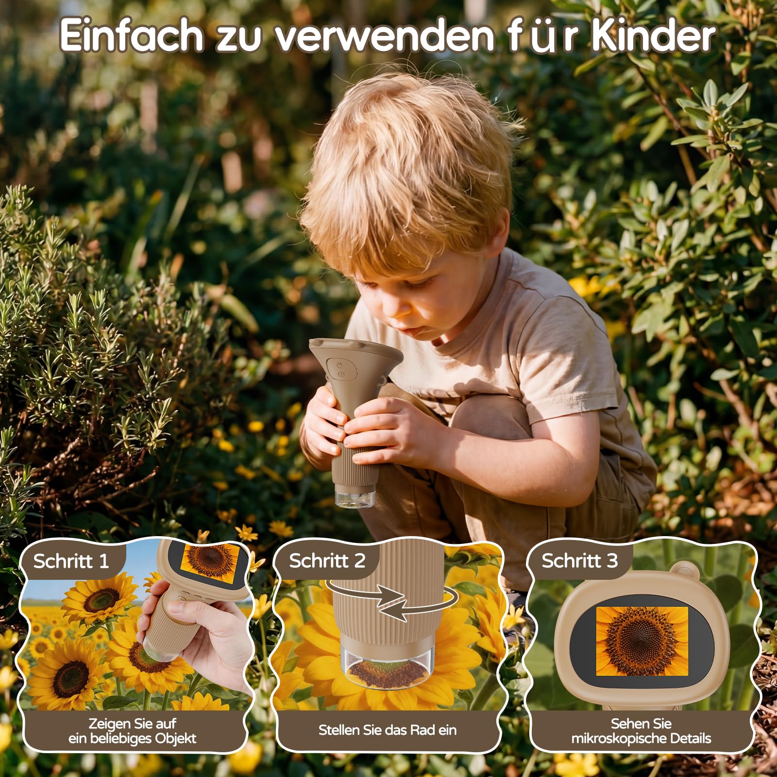 Mikroskop für Kinder - Tragbares Kinder Mikroskop 1000X, Braun | 1000X Taschenmikroskop mit Digitalem HD-Bildschirm [Inkl Fotofunktion] für Garten, Wald, Experimente & Geschenk, Kinder