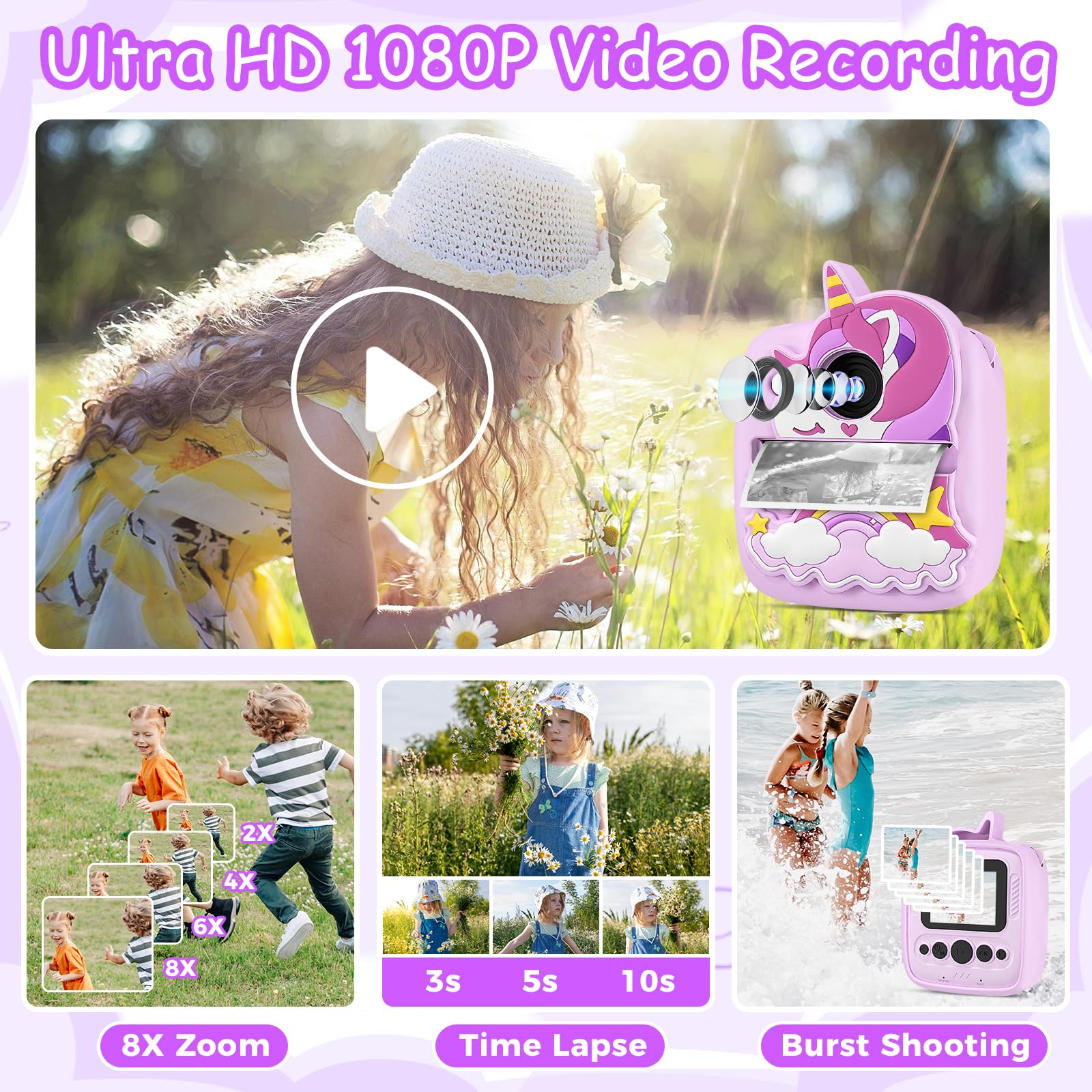 Appareil Photo Instantané Enfants, 1080P HD 48MP Appareil Photo Enfants avec 32GB Carte, 3 Rouleaux de Papier d'impression & Étui Protection en Silicone Unicorn, Cadeaux de Noël pour Garçon 3-12 Ans