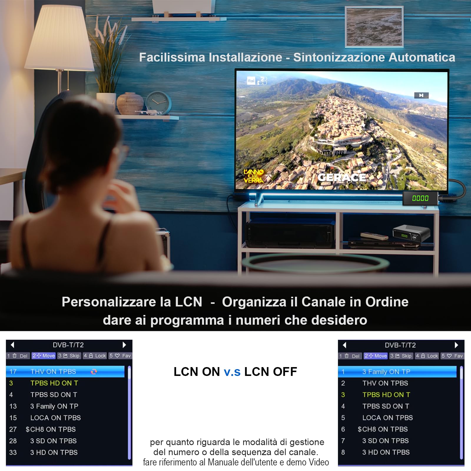 Decoder Digitale Terrestre 2025 con PVR Registra Programmi Preferiti, Mini Ricevitore DVB-T2 con Ordinamento LCN e FM Radio, Uscita Scart Hdmi e H265 HEVC Full HD 1080P Decodifica