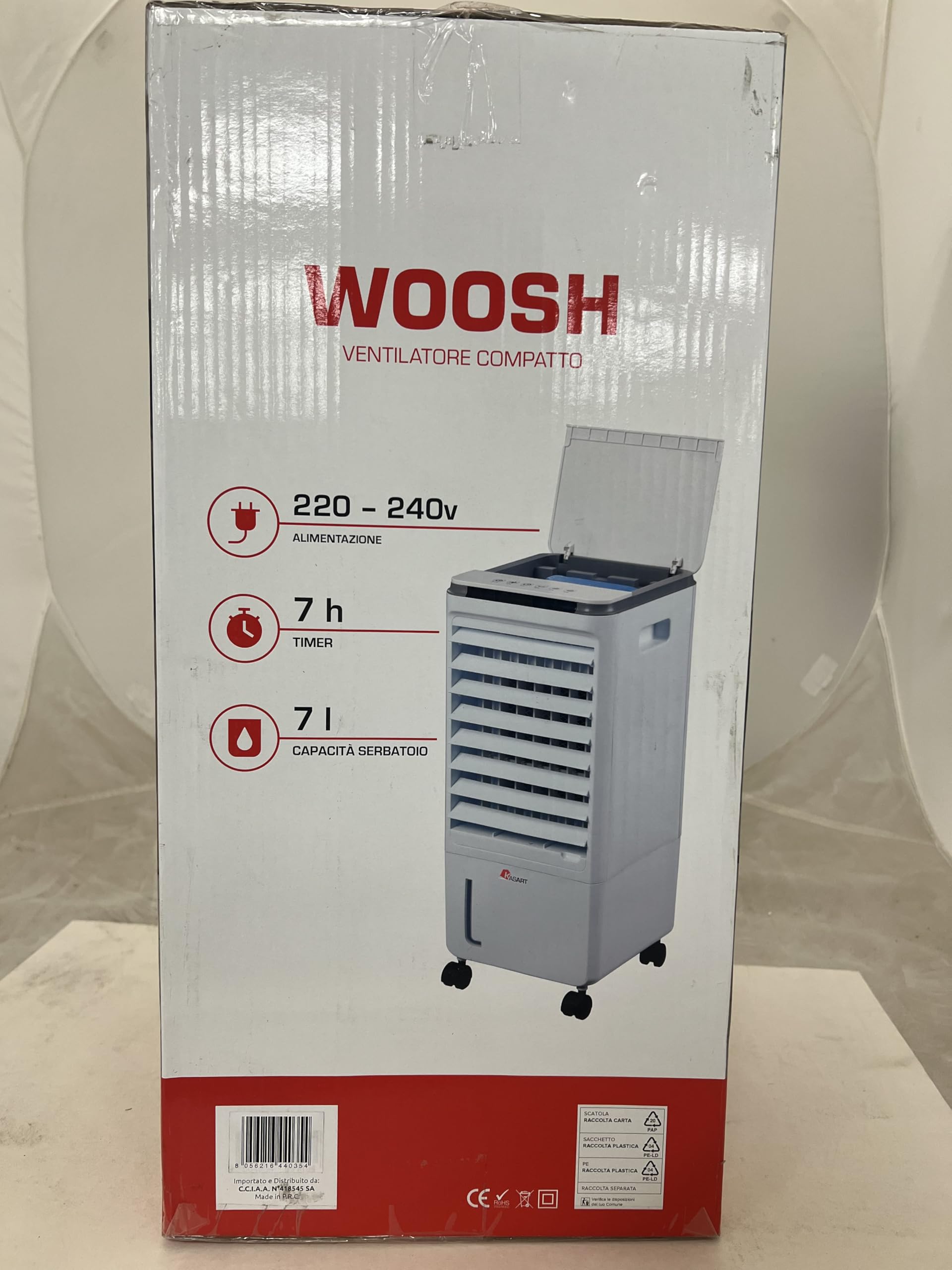 Raffrescatore d'Aria 80W Kasart - Filtrazione, Raffreddamento, Umidificazione, 3 Velocità, Silenzioso, Portatile con Ruote, Serbatoio 7 litri e Alette Oscillanti