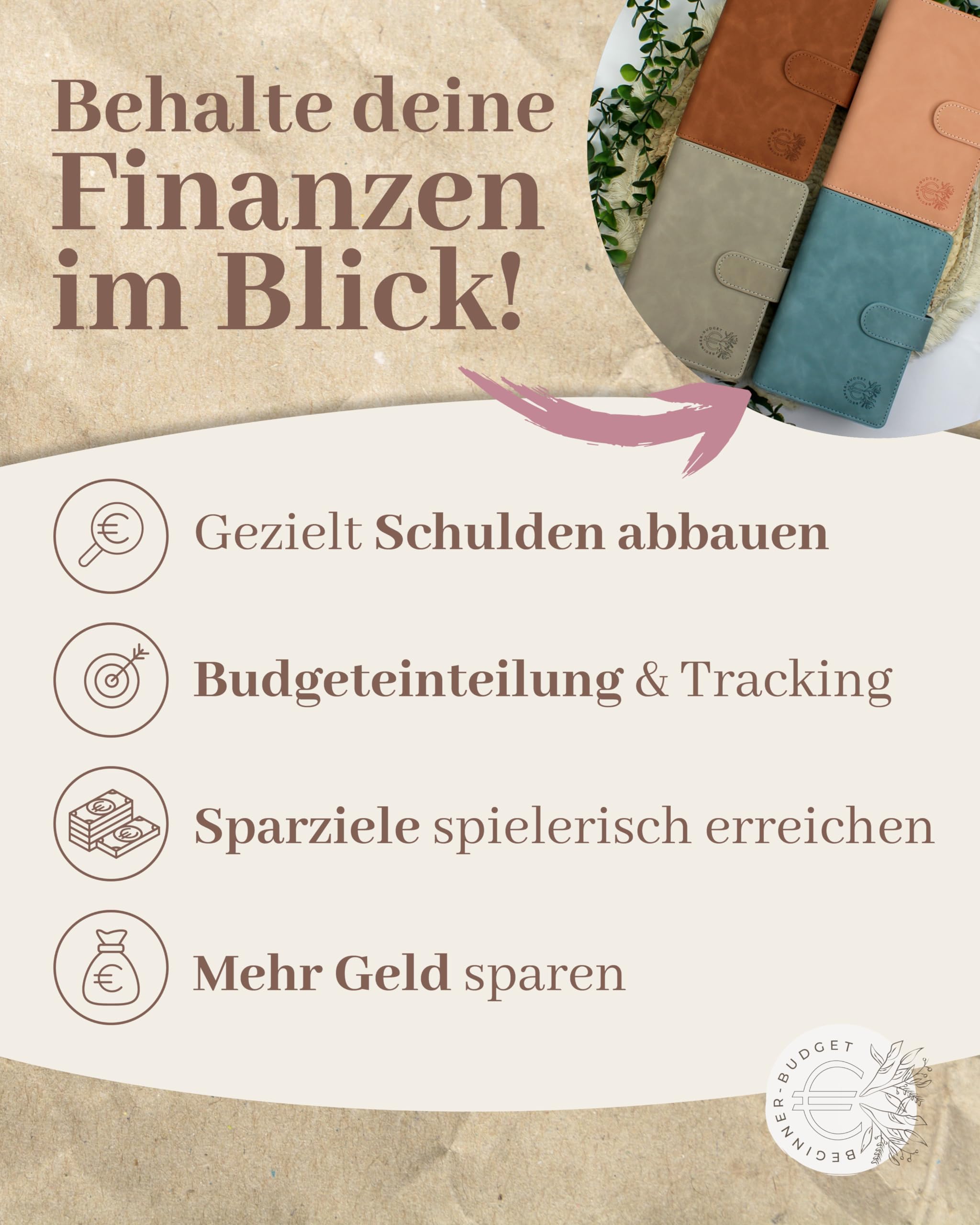 BeginnerBudget® Budget Planner Deutsch - Starterset mit Sparchallenge Budgetplaner - Sparen mit Umschlagmethode + Anleitung - Ringbuch - Binder A6 Glattleder-Style (Rosa)