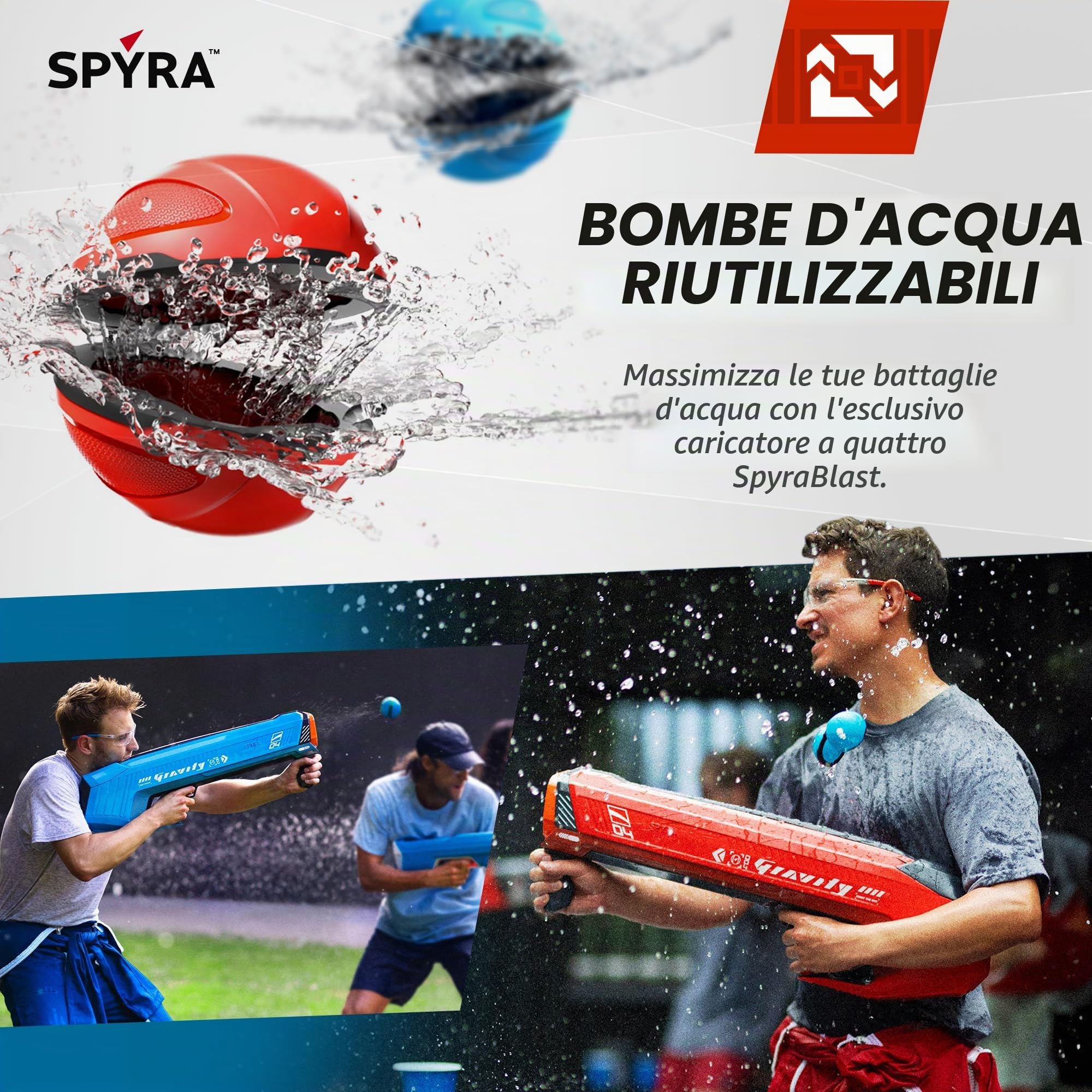 Spyra Gravity, potente lanciatore elettrico ad acqua, 4 bombe d'acqua riutilizzabili, indicatore a LED, distanza di 16 m, giocattolo per piscina estiva