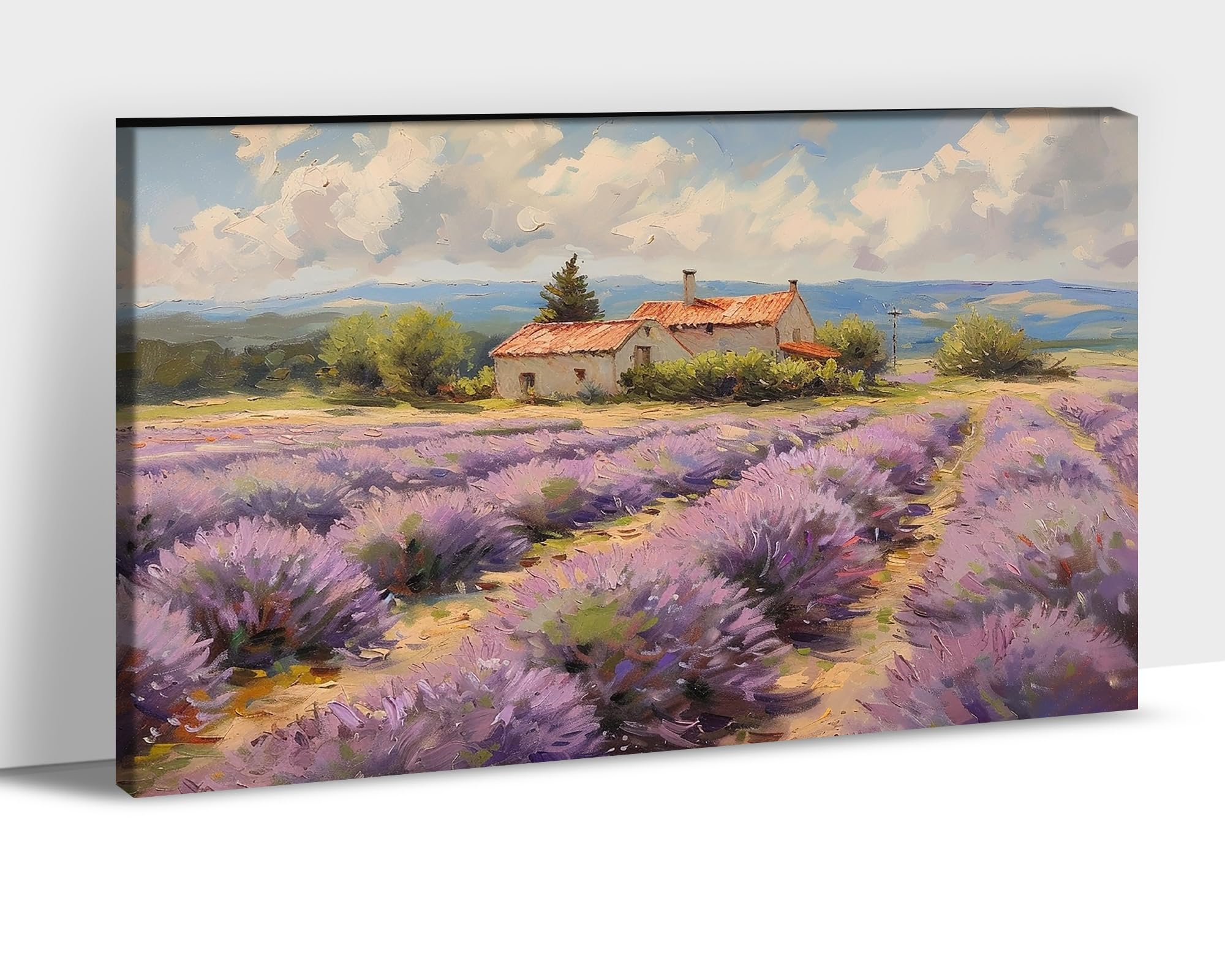 French Country Decor Wall Art, French Floral Flower Wall Print, Retro Cottage and Beautiful Field Painting, Oil Painting Style Nature farmhouse Outskirts Landscape for livingRoom Bedroom 28x40 Inch